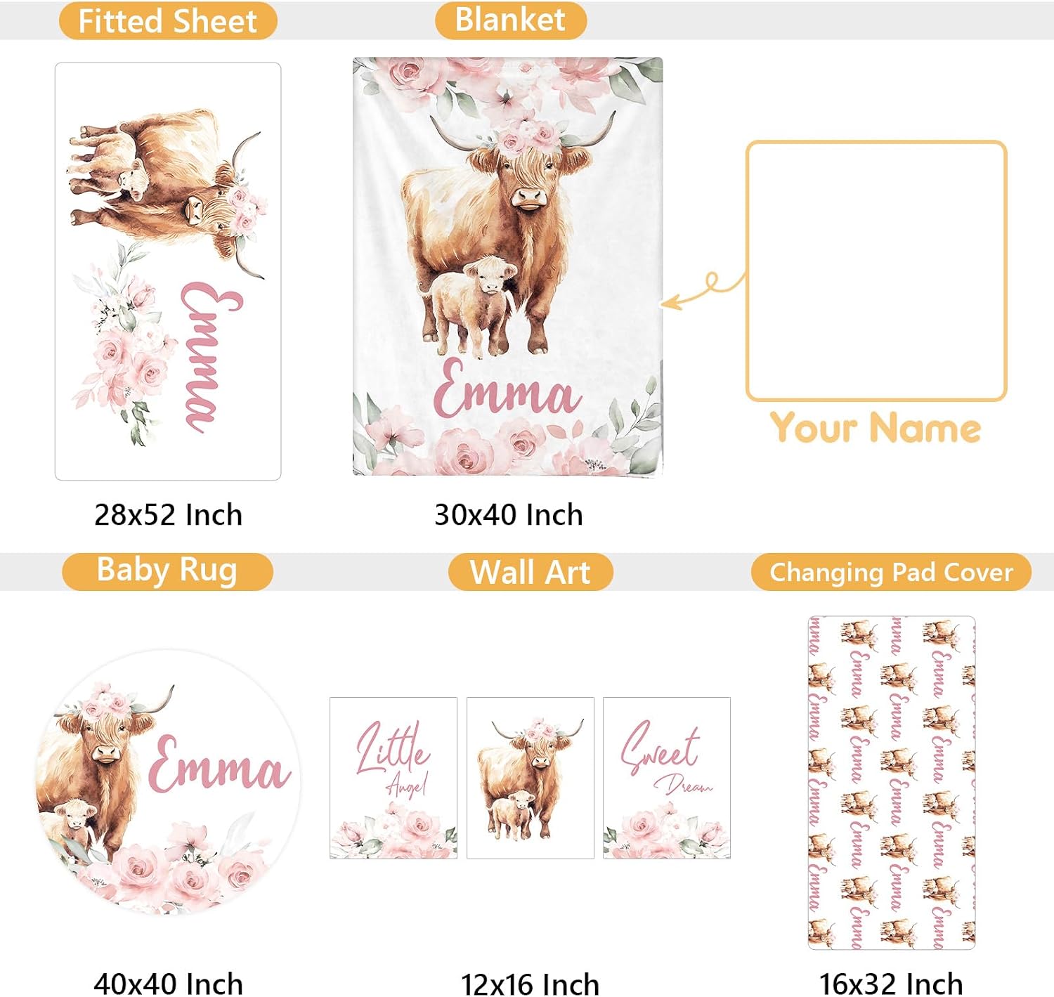 Terwex Personalized Baby Crib Bedding Set, 5 Pcs Custom Name Nursery Bedding Set, Pink Highland Cow Baby Bedding Set for Girl, Double Layer Baby Crib Sets, Customized Gifts for Toddlers Kids Infants