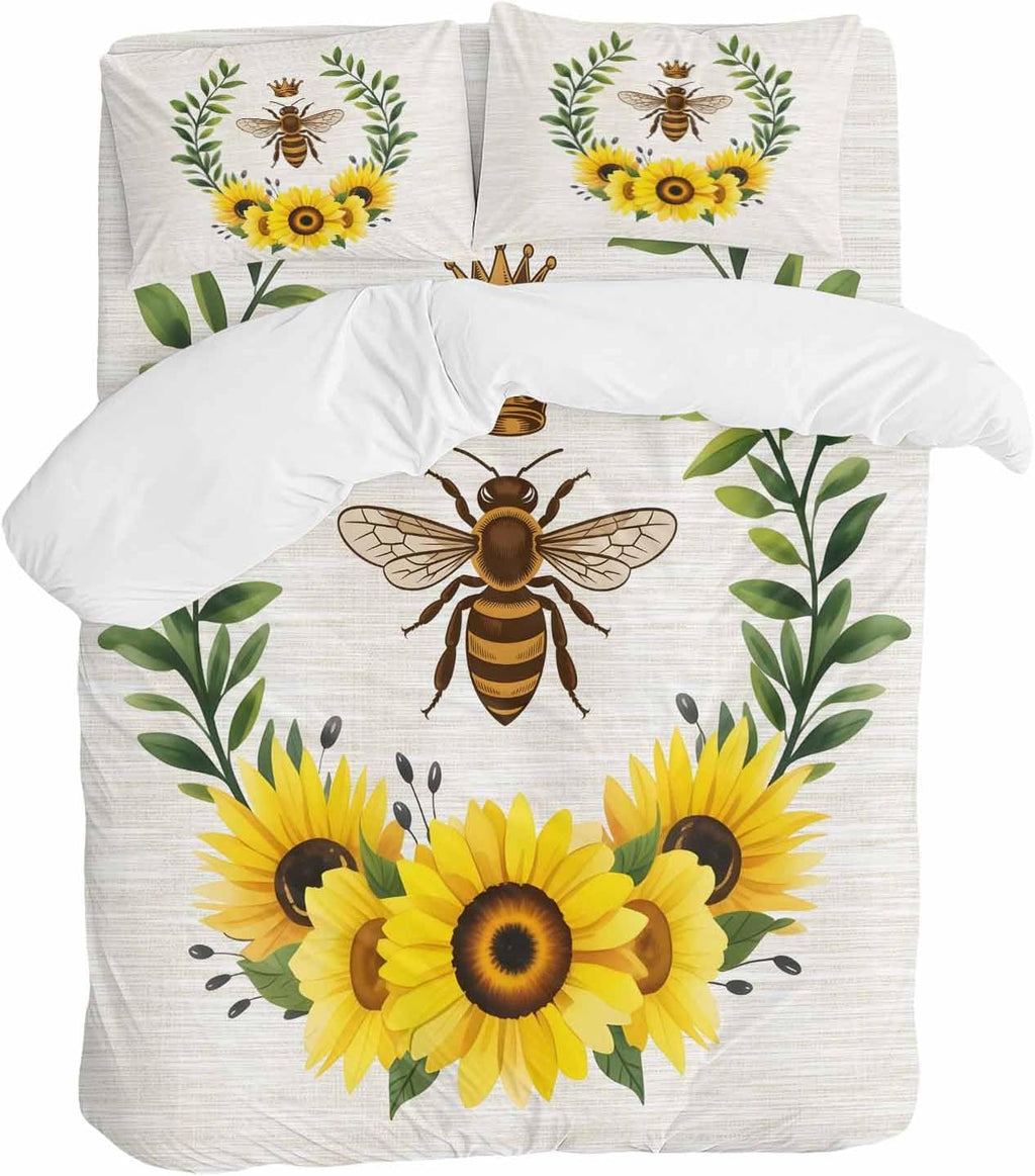 Retro Crown Bee Duvet Cover Set Queen Size 4 Pieces Country Sunflowers Green Leaves Wood Grain Bedding Set with Zipper Closure, 1 Comforter Cover 92x106 Inches 1 Flat Sheet & 2 Pillow Cases