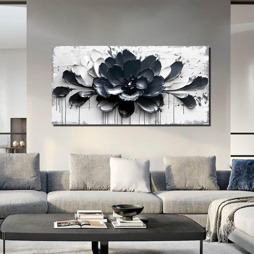 GUGIKA Flower Wall Art for Bedroom, Blue Black and White Canvas Wall-Decor for Lving Room, Floral Picture Print Artwork for Office, Large Size 59 x 29 Inches