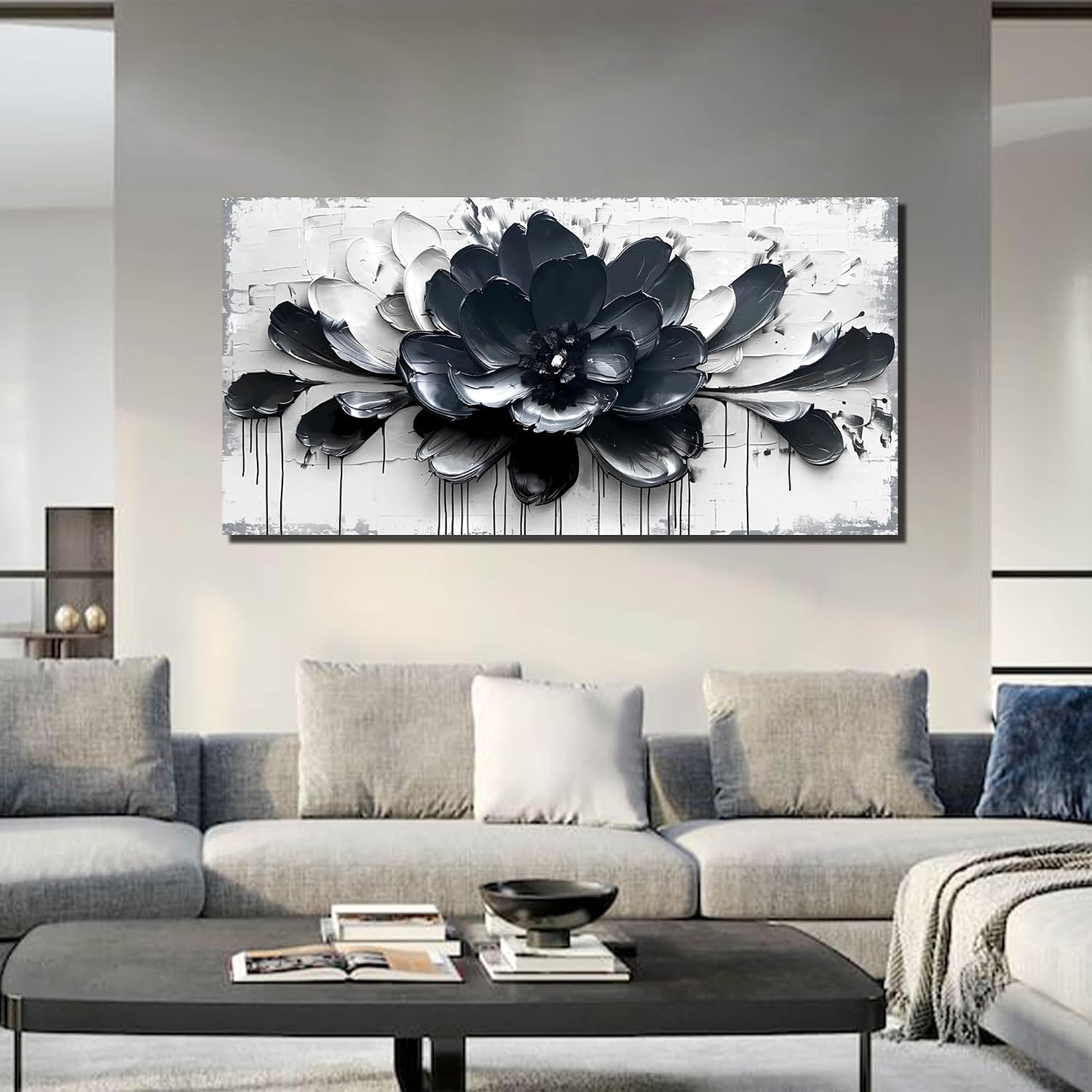 GUGIKA Flower Wall Art for Bedroom, Blue Black and White Canvas Wall-Decor for Lving Room, Floral Picture Print Artwork for Office, Large Size 59 x 29 Inches