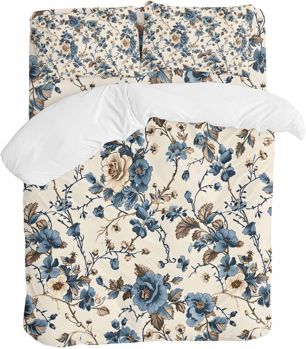 Vintage Floral Duvet Cover Set Queen Size 4 Pieces Beige Blue Brown Flowers Rustic Farmhouse Bedding Set with Zipper Closure, 1 Comforter Cover 92x106 Inches 1 Flat Sheet & 2 Pillow Cases