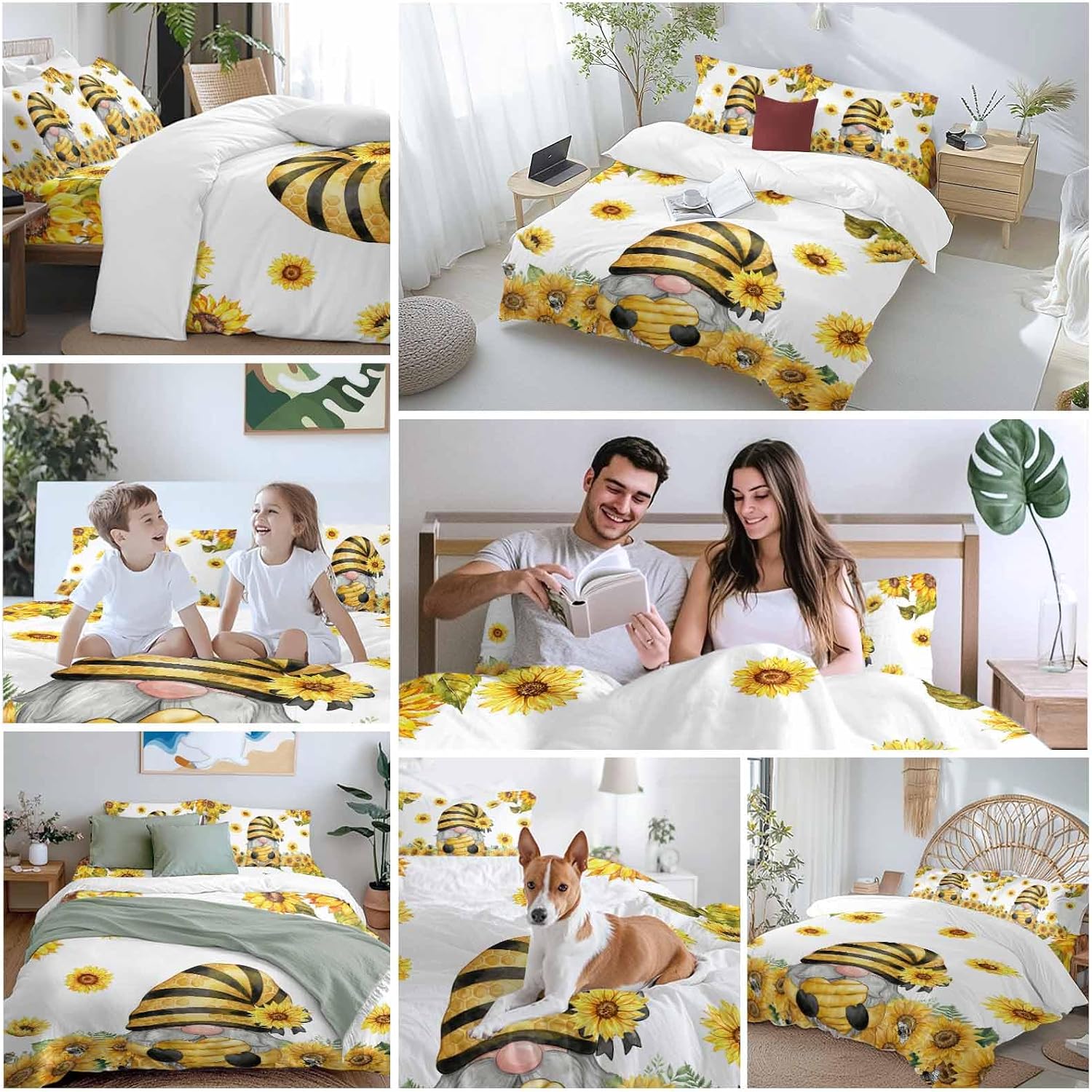Summer Floral Duvet Cover Set Queen Size 4 Pieces Watercolor Sunflower Cartoon Gnome Farm Bee Bedding Set with Zipper Closure, 1 Comforter Cover 90x92 Inches 1 Flat Sheet & 2 Pillow Cases