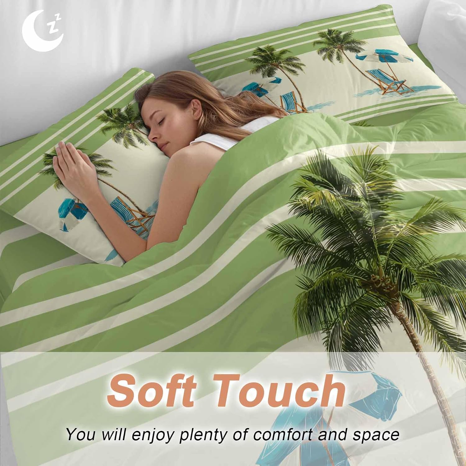 Summer Duvet Cover Set Queen Size 4 Pieces Beach Scene Sun Umbrella Palm Trees Green Yellow Stripe Bedding Set with Zipper Closure, 1 Comforter Cover 92x106 Inches 1 Flat Sheet & 2 Pillow Cases