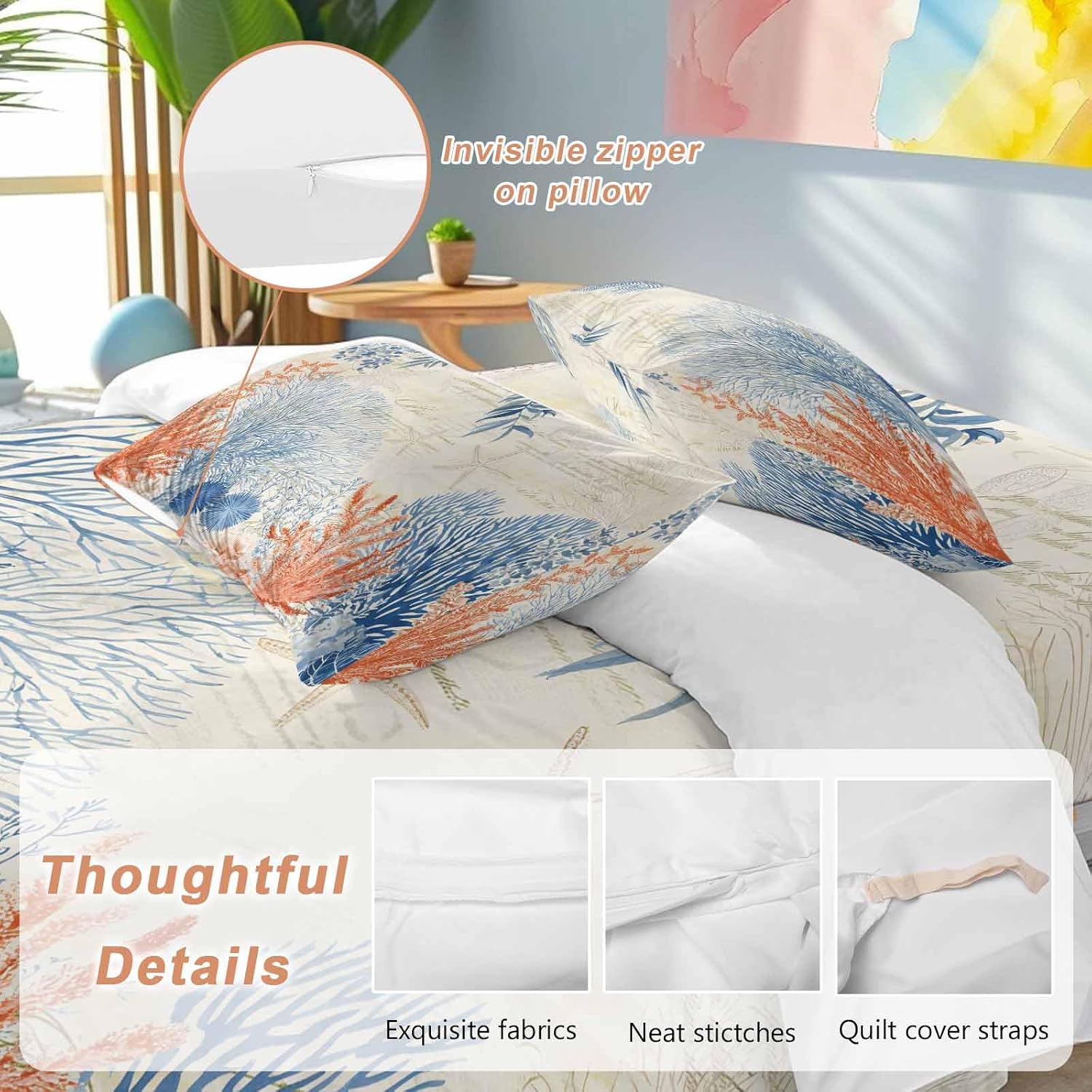 Prime Leader Ocean Corals Duvet Cover Set Queen Size 4 Pieces Summer Beach Coral Sea Stars Retro Texture Bedding Set with Zipper Closure, 1 Comforter Cover 86x86 Inches 1 Flat Sheet & 2 Pillow Cases
