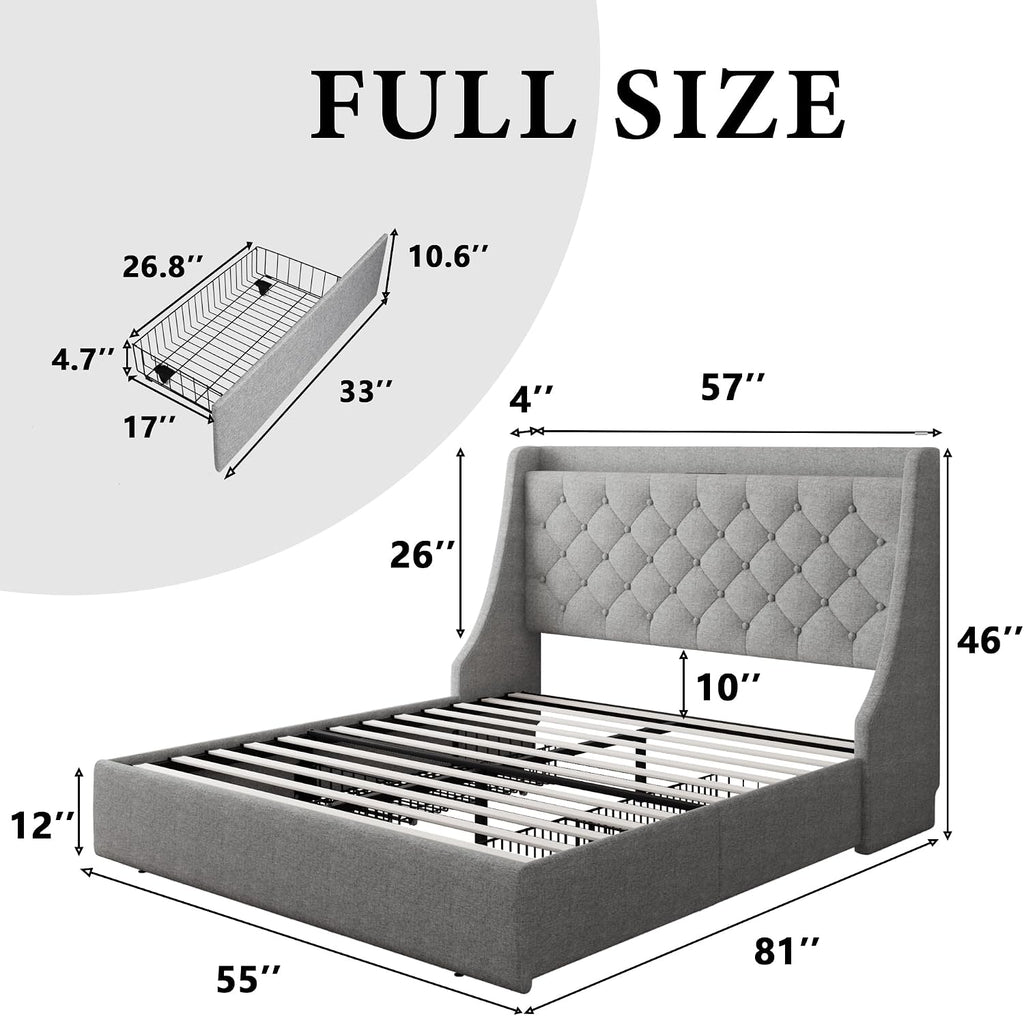 iPormis Full Size Bed Frame with 4 Storage Drawers, Upholstered Platform Bed Frame with Type-C & USB Ports, Wingback Storage Headboard, Solid Wood Slats, No Box Spring Needed, Light Gray