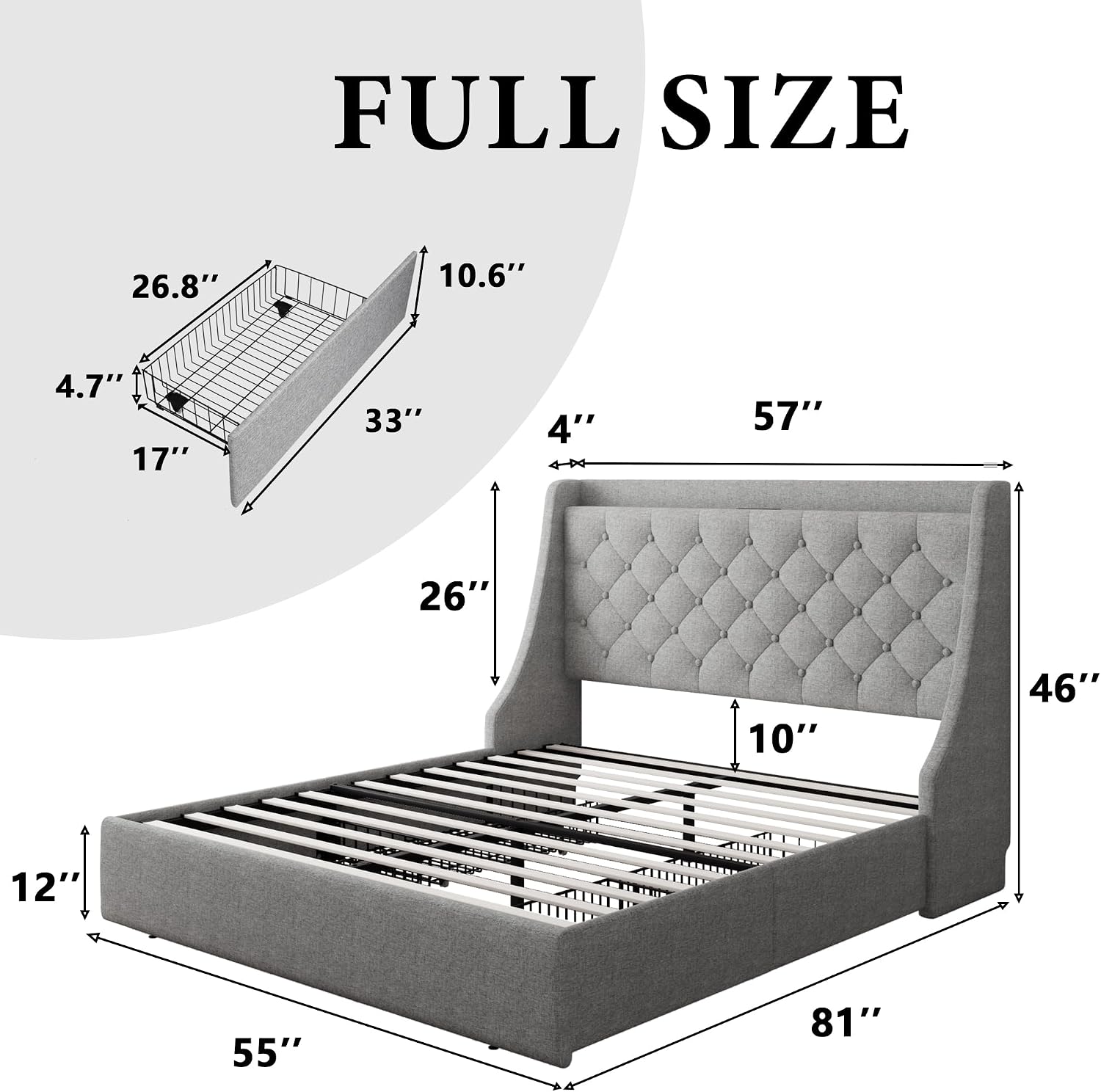 iPormis Full Size Bed Frame with 4 Storage Drawers, Upholstered Platform Bed Frame with Type-C & USB Ports, Wingback Storage Headboard, Solid Wood Slats, No Box Spring Needed, Light Gray