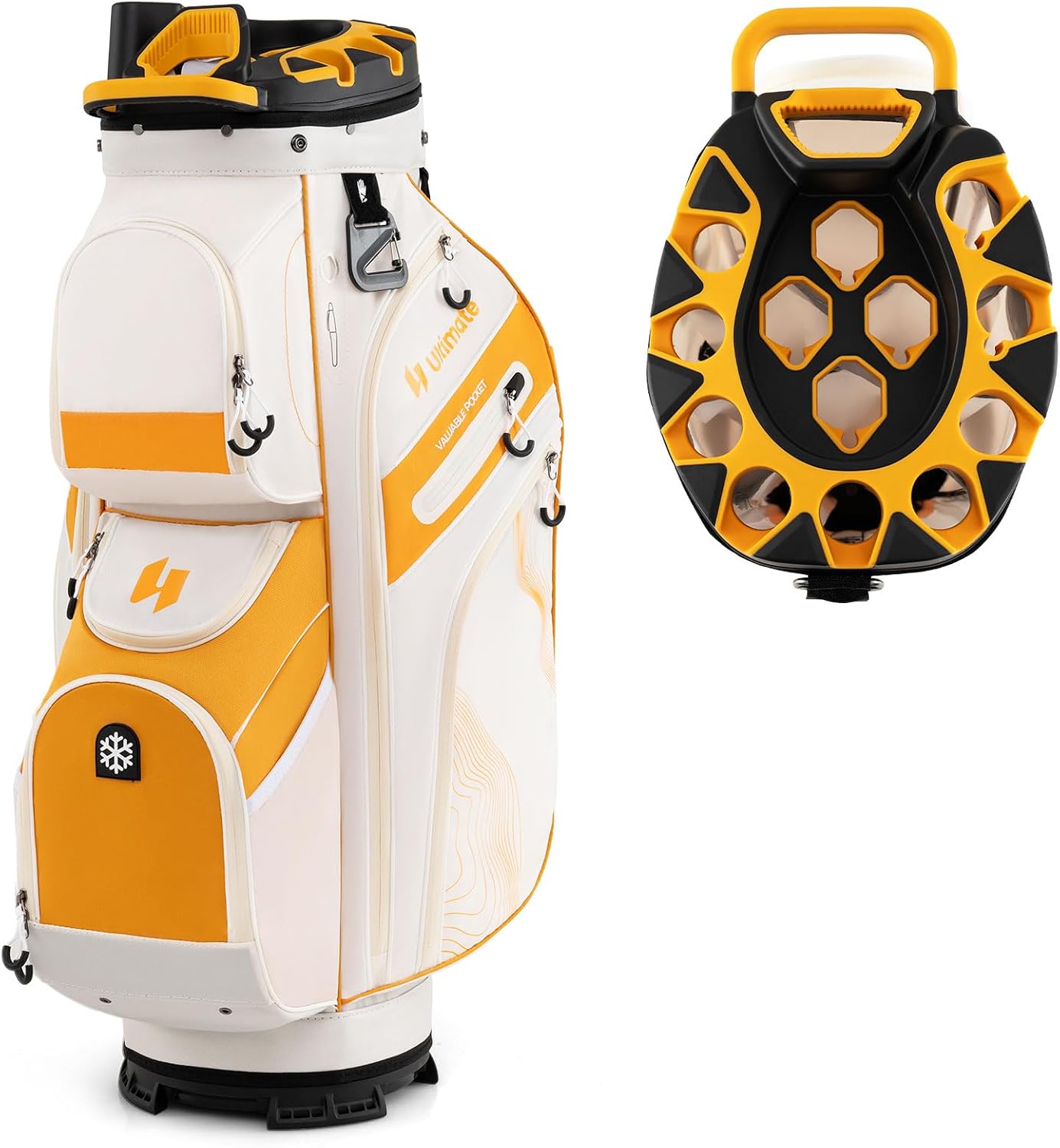 ULTIMATE 14-Way Golf Cart Bag, Golf Bag w/Molded Lock Top & Full Length Dividers, Portable Golf Club Bag w/11 Pockets, Cooler Bag, Padded Strap & Rain Hood for Men Women