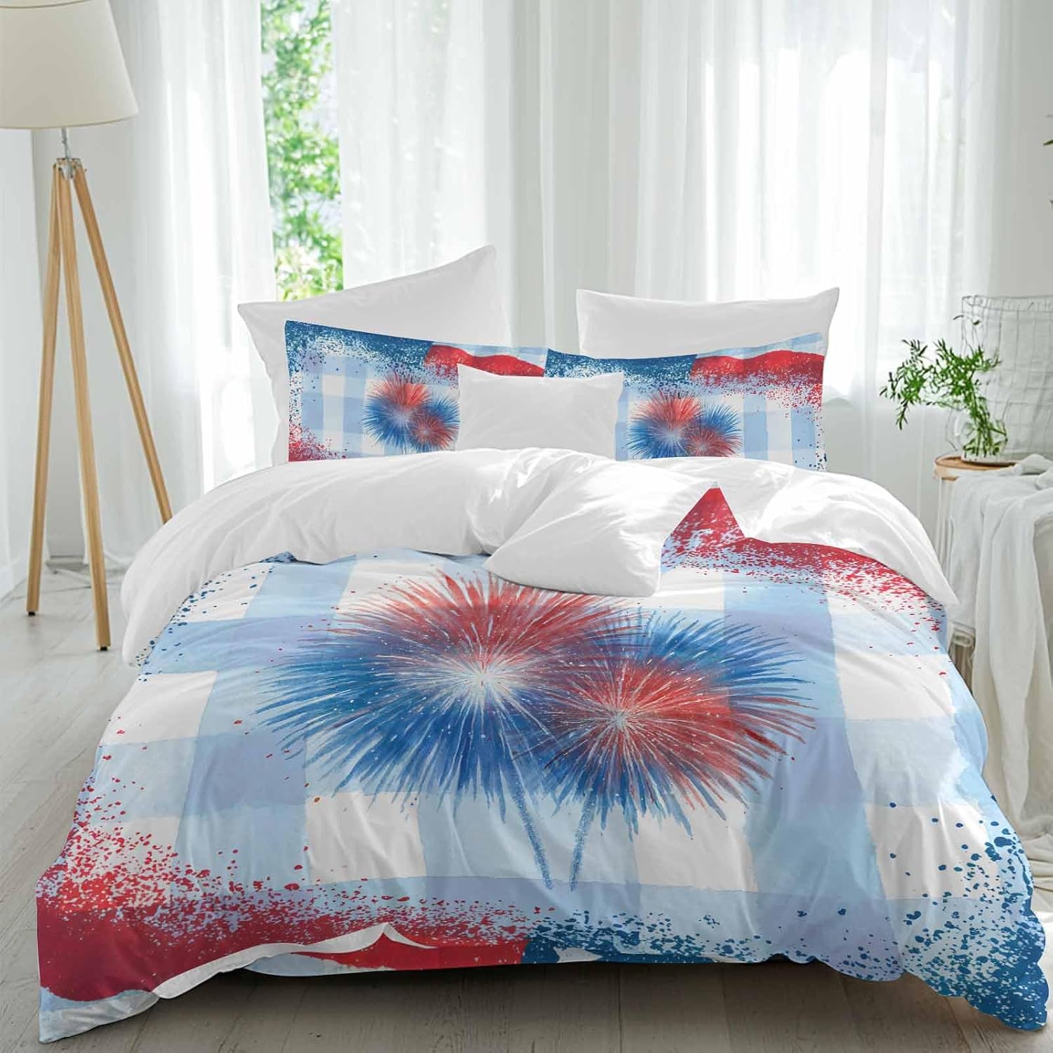 Independence Day Firework Duvet Cover Set Queen Size 4 Pieces 4th of July American Flag Blue Plaid Bedding Set with Zipper Closure, 1 Comforter Cover 86x86 Inches 1 Flat Sheet & 2 Pillow Cases