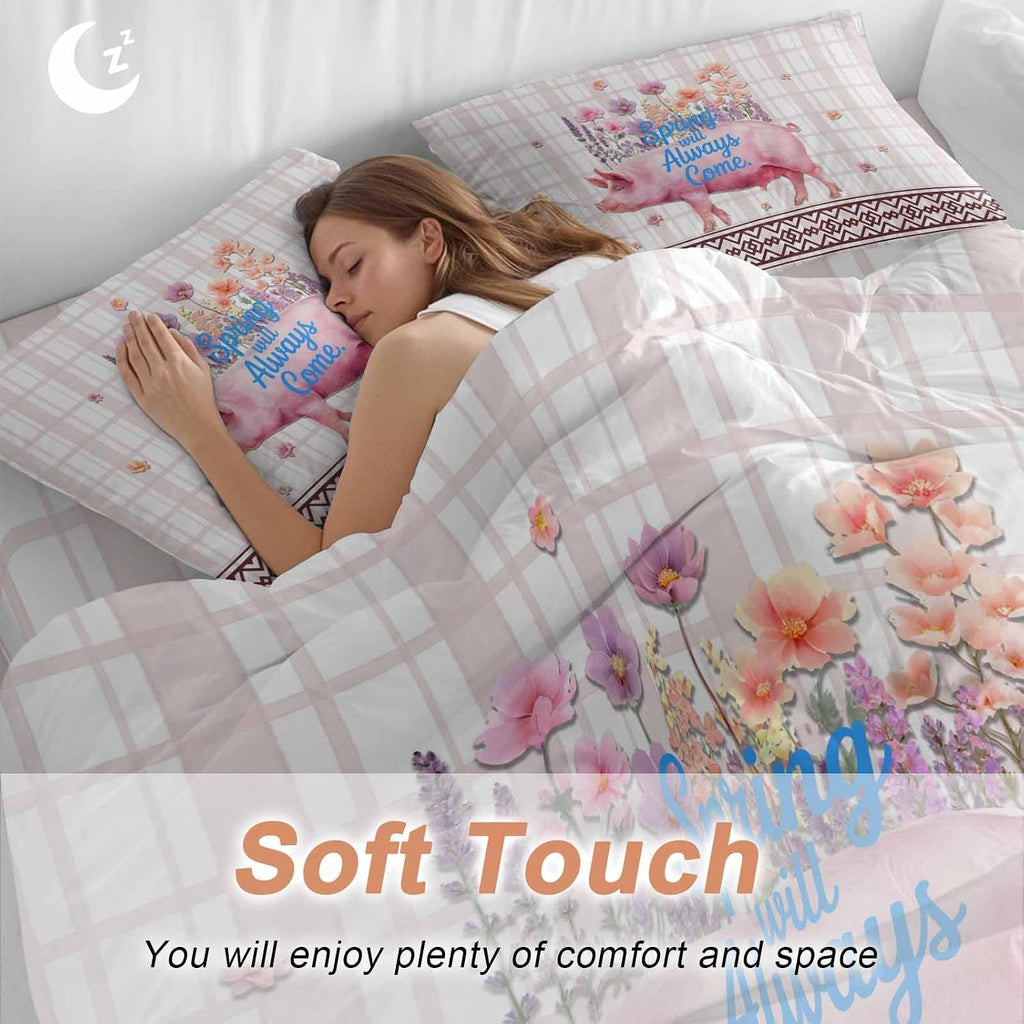 Spring Will Always Come Duvet Cover Set Queen Size 4 Pieces Funny Pig Rustic Wildflower Pink Stripes Bedding Set with Zipper Closure, 1 Comforter Cover 92x106 Inches 1 Flat Sheet & 2 Pillow Cases