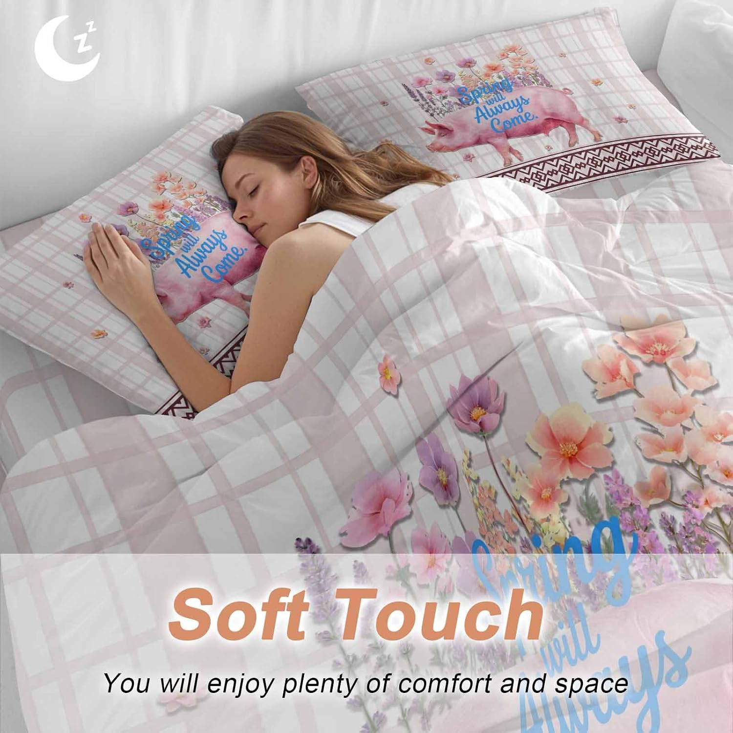 Spring Will Always Come Duvet Cover Set Queen Size 4 Pieces Funny Pig Rustic Wildflower Pink Stripes Bedding Set with Zipper Closure, 1 Comforter Cover 92x106 Inches 1 Flat Sheet & 2 Pillow Cases