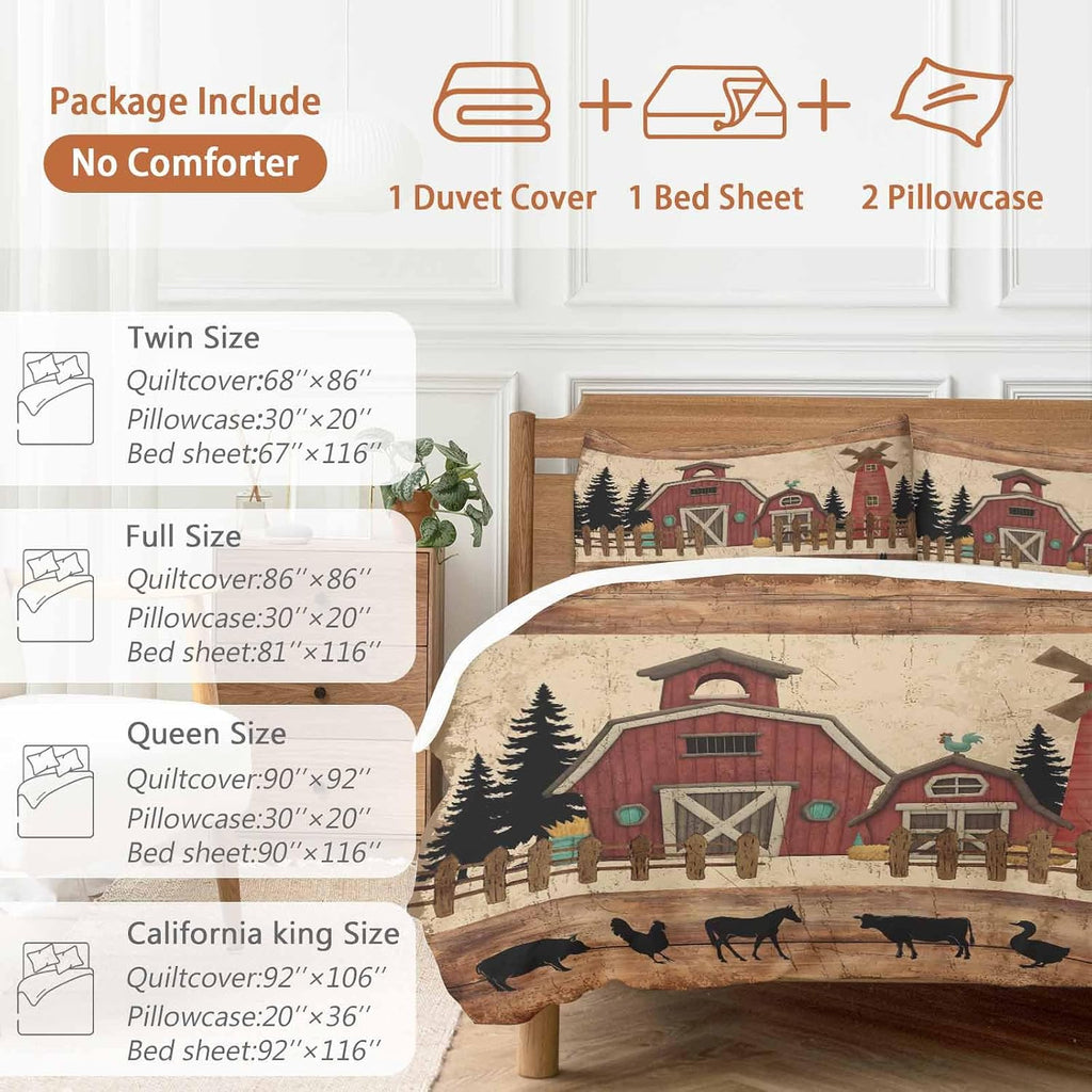 Red Farmhouse Duvet Cover Set Queen Size 4 Pieces Country Farm Barn Cow Pig Chicken Fence Tree Wood Grain Bedding Set with Zipper Closure, 1 Comforter Cover 92x106 Inches 1 Flat Sheet & 2 Pillow Cases