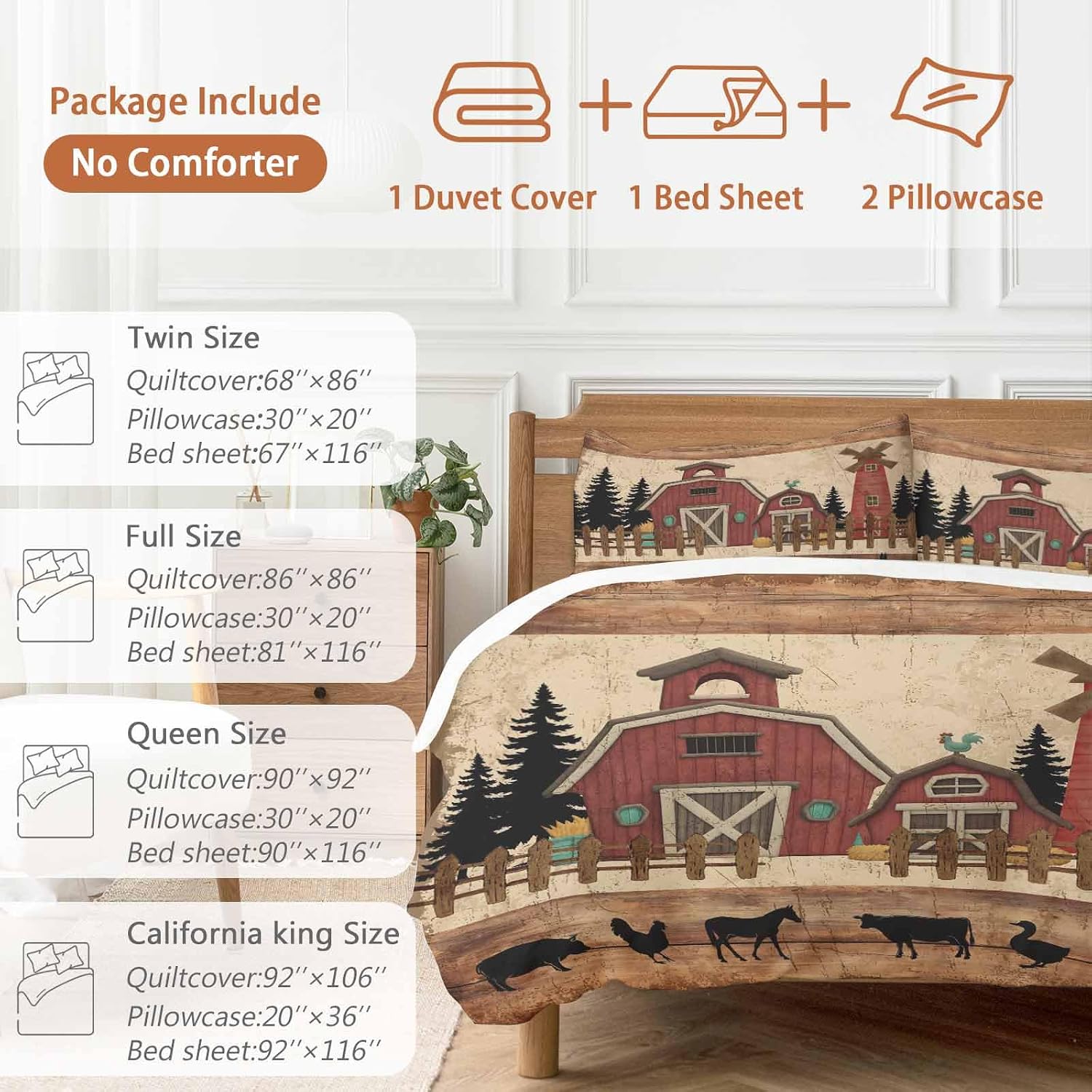 Red Farmhouse Duvet Cover Set Queen Size 4 Pieces Country Farm Barn Cow Pig Chicken Fence Tree Wood Grain Bedding Set with Zipper Closure, 1 Comforter Cover 92x106 Inches 1 Flat Sheet & 2 Pillow Cases