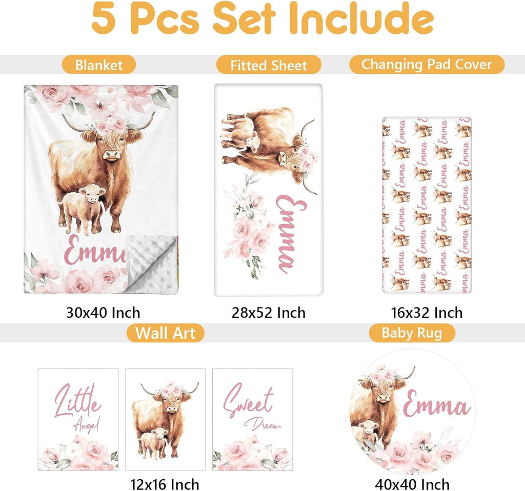 Terwex Personalized Baby Crib Bedding Set, 5 Pcs Custom Name Nursery Bedding Set, Pink Highland Cow Baby Bedding Set for Girl, Double Layer Baby Crib Sets, Customized Gifts for Toddlers Kids Infants