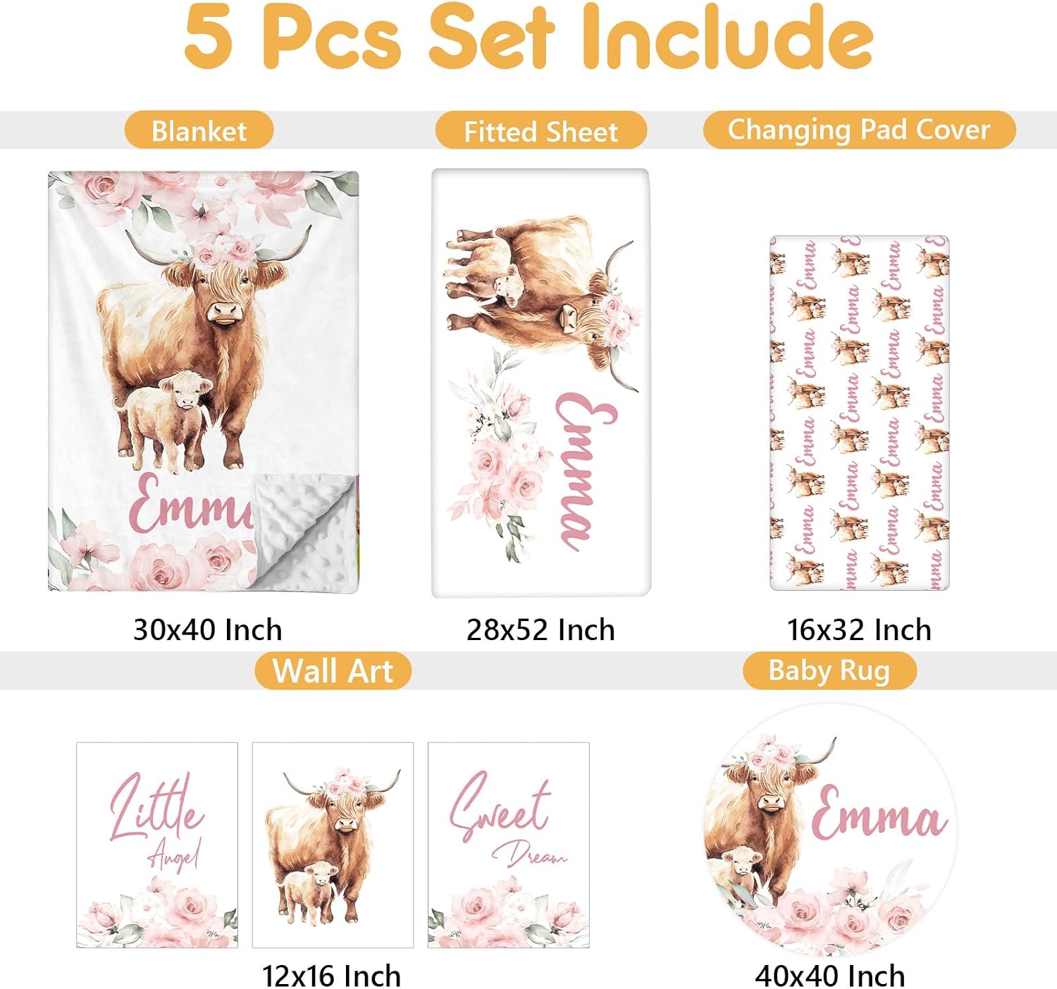 Terwex Personalized Baby Crib Bedding Set, 5 Pcs Custom Name Nursery Bedding Set, Pink Highland Cow Baby Bedding Set for Girl, Double Layer Baby Crib Sets, Customized Gifts for Toddlers Kids Infants