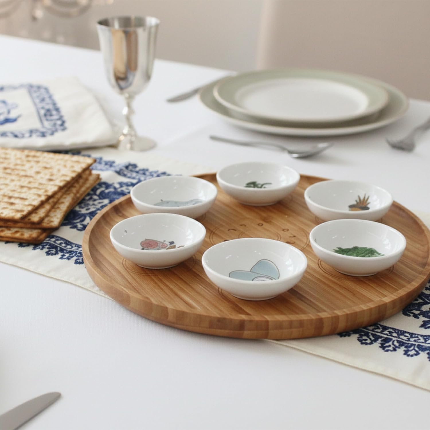 13' Hand Made Large Passover Seder Plate with 6 Colorful Ceramic Bowls, Bamboo Passover Sedar Plate Set, Giftable Packaging, Jewish Holiday and Traditional Table Decorations Gift