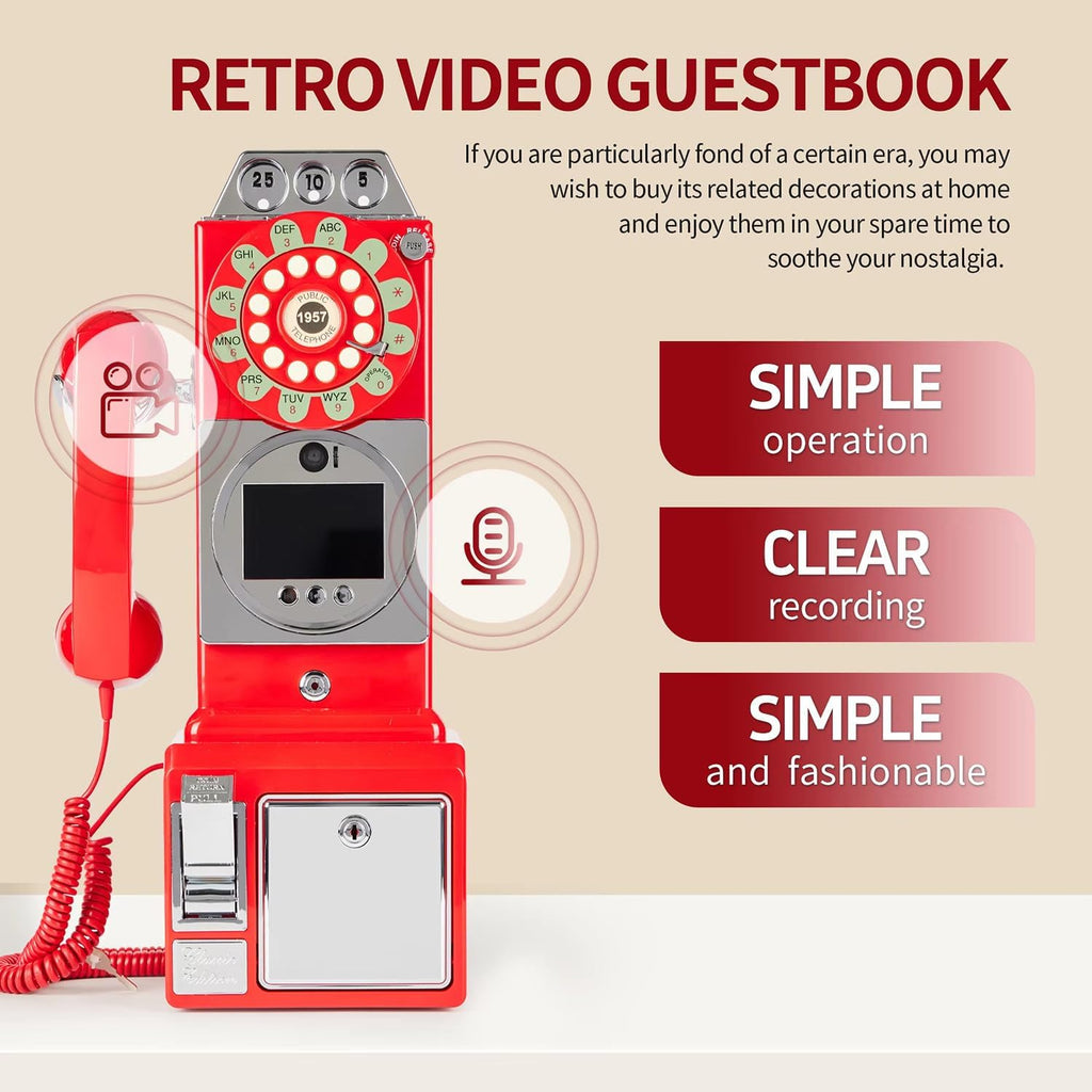 Audio Guestbook, Audio Guest Book Wedding Phone, with 3.5-Inch Display and 32g Memory, 1080p, Built-in 5000mah Battery, Suitable for Weddings, Parties, Anniversaries, Etc.,Red