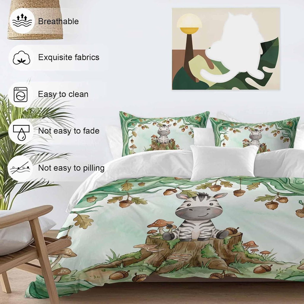 Cartoon Small Zebra Duvet Cover Set Queen Size 4 Pieces Watercolor Forest Animal Acorn Green Tree Bedding Set with Zipper Closure, 1 Comforter Cover 86x86 Inches 1 Flat Sheet & 2 Pillow Cases
