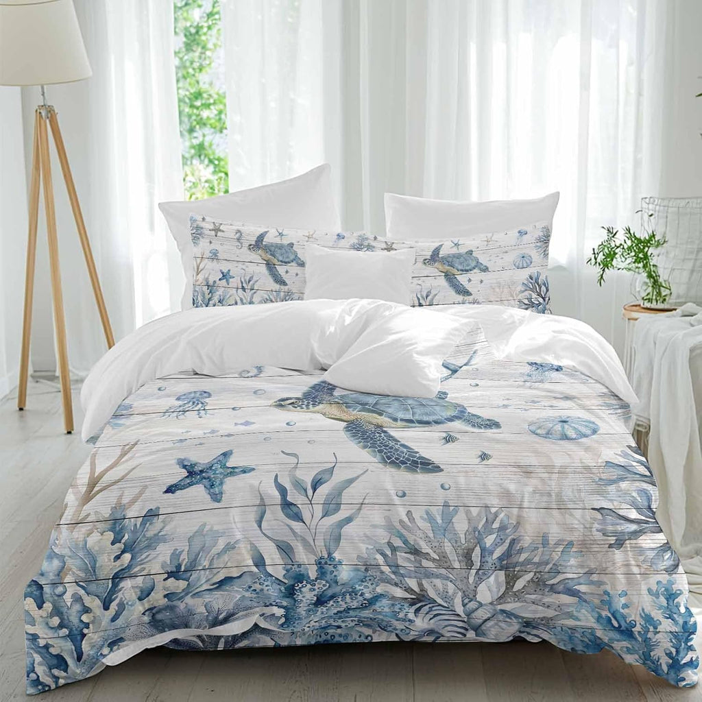 Marine Life Duvet Cover Set Queen Size 4 Pieces Ocean Turtle Coral Starfish Seashell Coastal Wood Grain Bedding Set with Zipper Closure, 1 Comforter Cover 90x92 Inches 1 Flat Sheet & 2 Pillow Cases