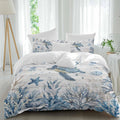 Marine Life Duvet Cover Set Queen Size 4 Pieces Ocean Turtle Coral Starfish Seashell Coastal Wood Grain Bedding Set with Zipper Closure, 1 Comforter Cover 90x92 Inches 1 Flat Sheet & 2 Pillow Cases