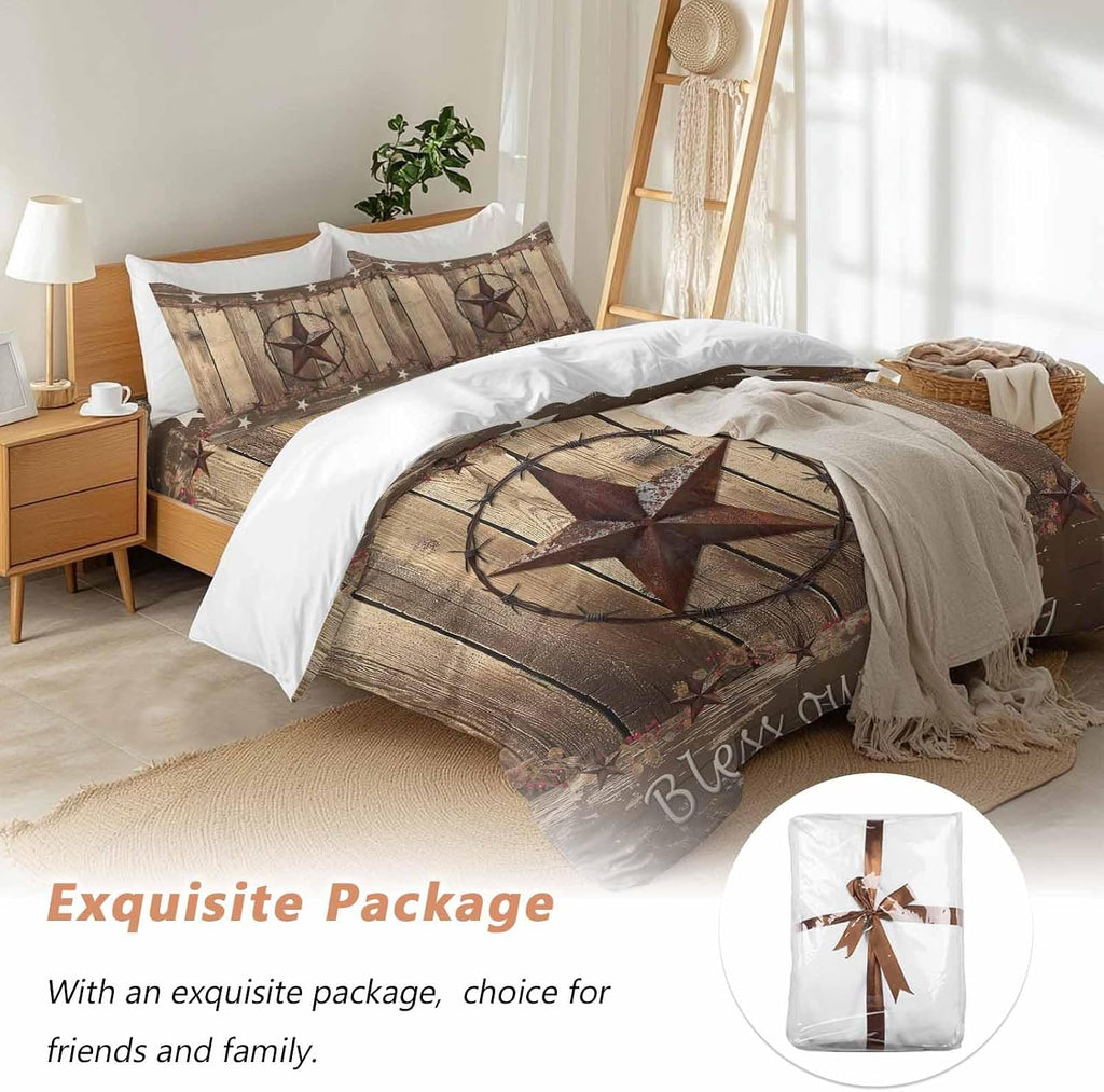 Vintage Duvet Cover Set Queen Size 4 Pieces Western Country Brown Texas Star Wood Grain Farmhouse Bedding Set with Zipper Closure, 1 Comforter Cover 86x86 Inches 1 Flat Sheet & 2 Pillow Cases