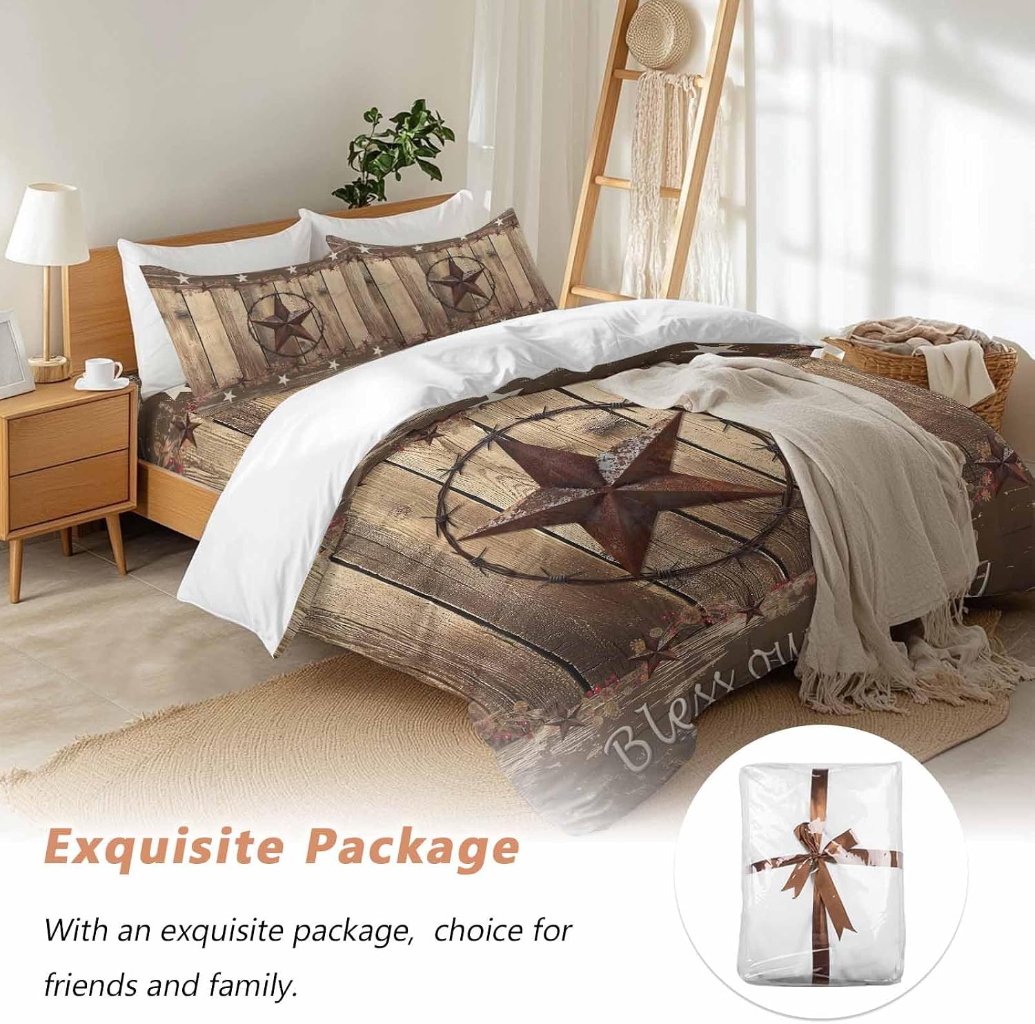 Vintage Duvet Cover Set Queen Size 4 Pieces Western Country Brown Texas Star Wood Grain Farmhouse Bedding Set with Zipper Closure, 1 Comforter Cover 86x86 Inches 1 Flat Sheet & 2 Pillow Cases