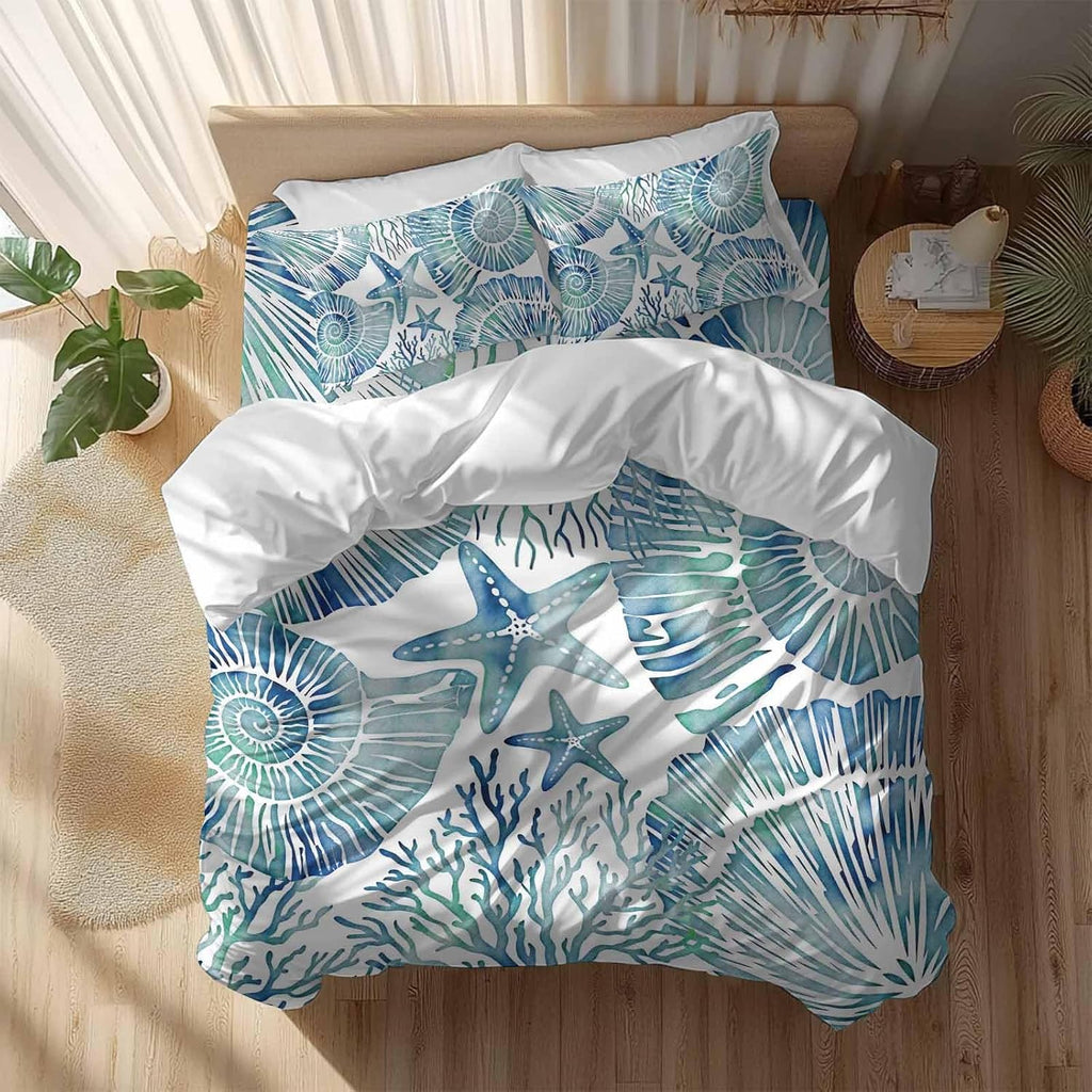 Summer Nautical Duvet Cover Set Queen Size 4 Pieces Blue Seashells Starfish Conch Coral Ocean Bedding Set with Zipper Closure, 1 Comforter Cover 92x106 Inches 1 Flat Sheet & 2 Pillow Cases