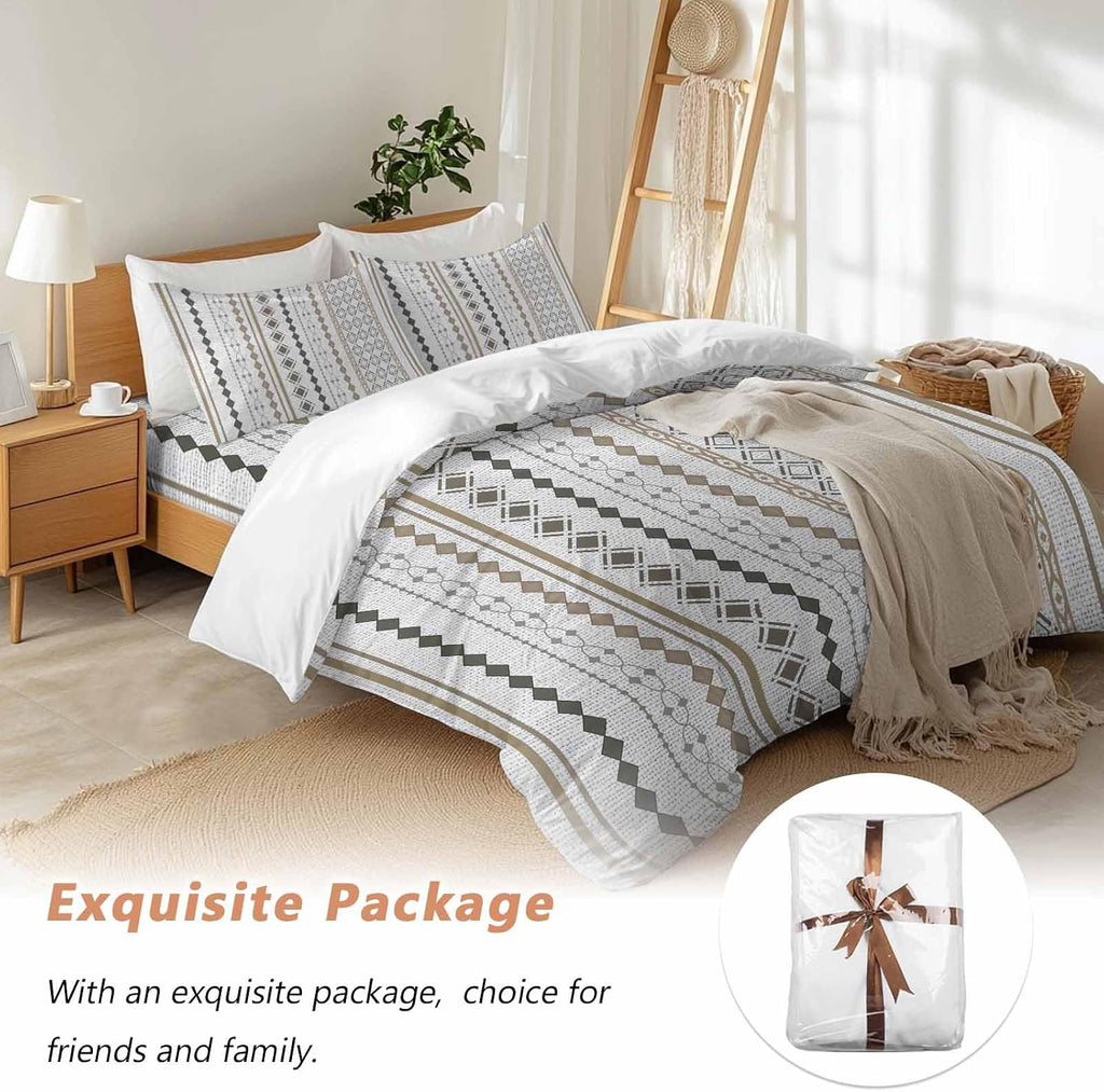 Bohemia Geometric Duvet Cover Set Queen Size 4 Pieces Brown Stripes Diamond Ethnic Linen Texture Bedding Set with Zipper Closure, 1 Comforter Cover 86x86 Inches 1 Flat Sheet & 2 Pillow Cases
