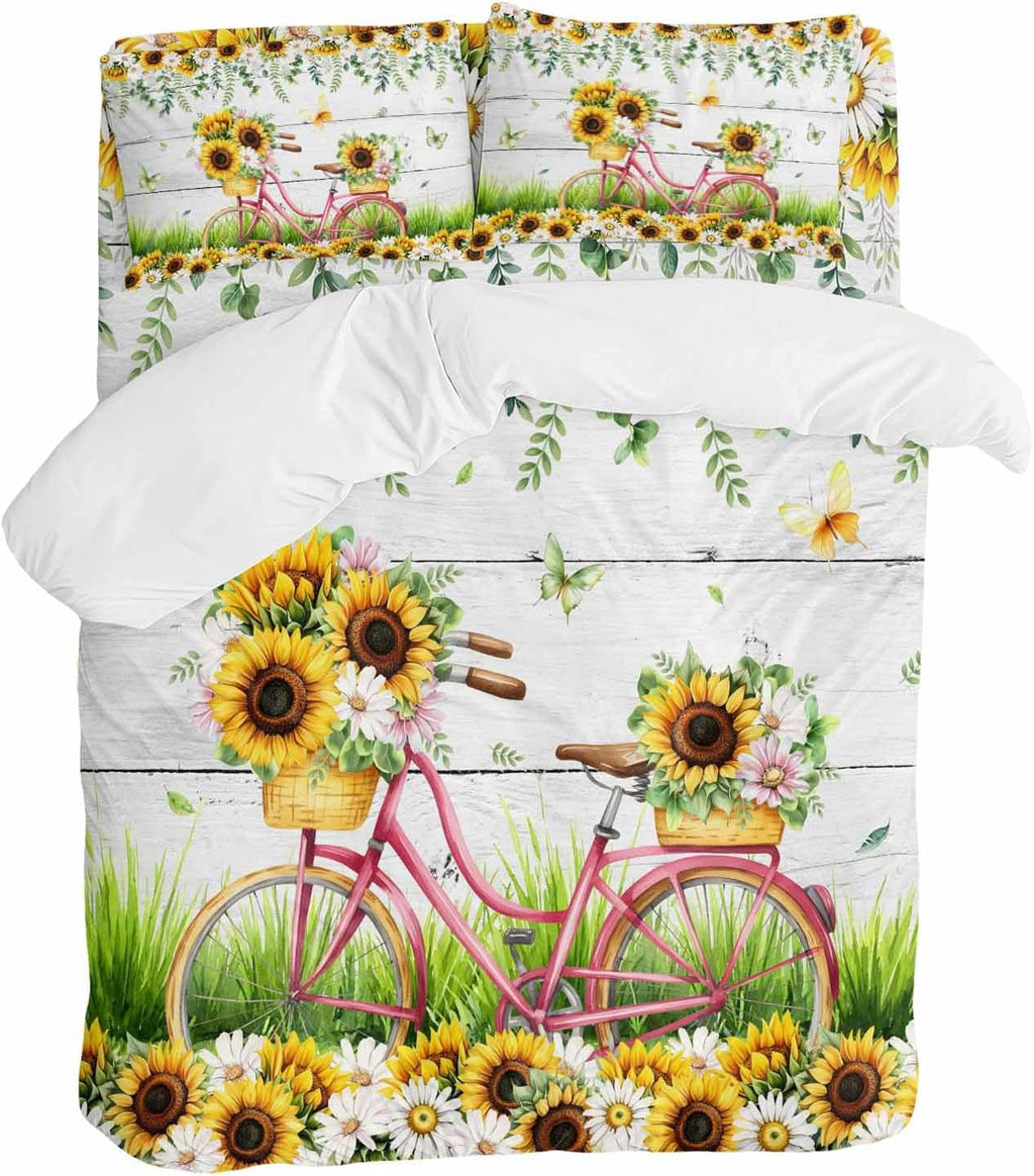 Spring Floral Duvet Cover Set Queen Size 4 Pieces Sunflower Daisy Bike Eucalyptus Leaves Grey Wood Bedding Set with Zipper Closure, 1 Comforter Cover 90x92 Inches 1 Flat Sheet & 2 Pillow Cases