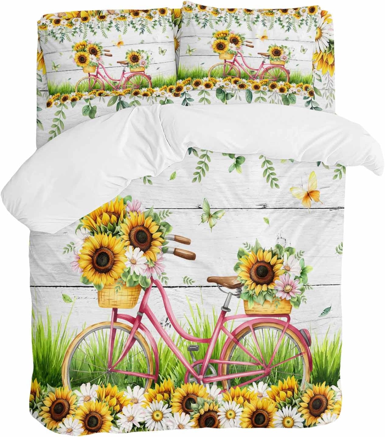 Spring Floral Duvet Cover Set Queen Size 4 Pieces Sunflower Daisy Bike Eucalyptus Leaves Grey Wood Bedding Set with Zipper Closure, 1 Comforter Cover 90x92 Inches 1 Flat Sheet & 2 Pillow Cases