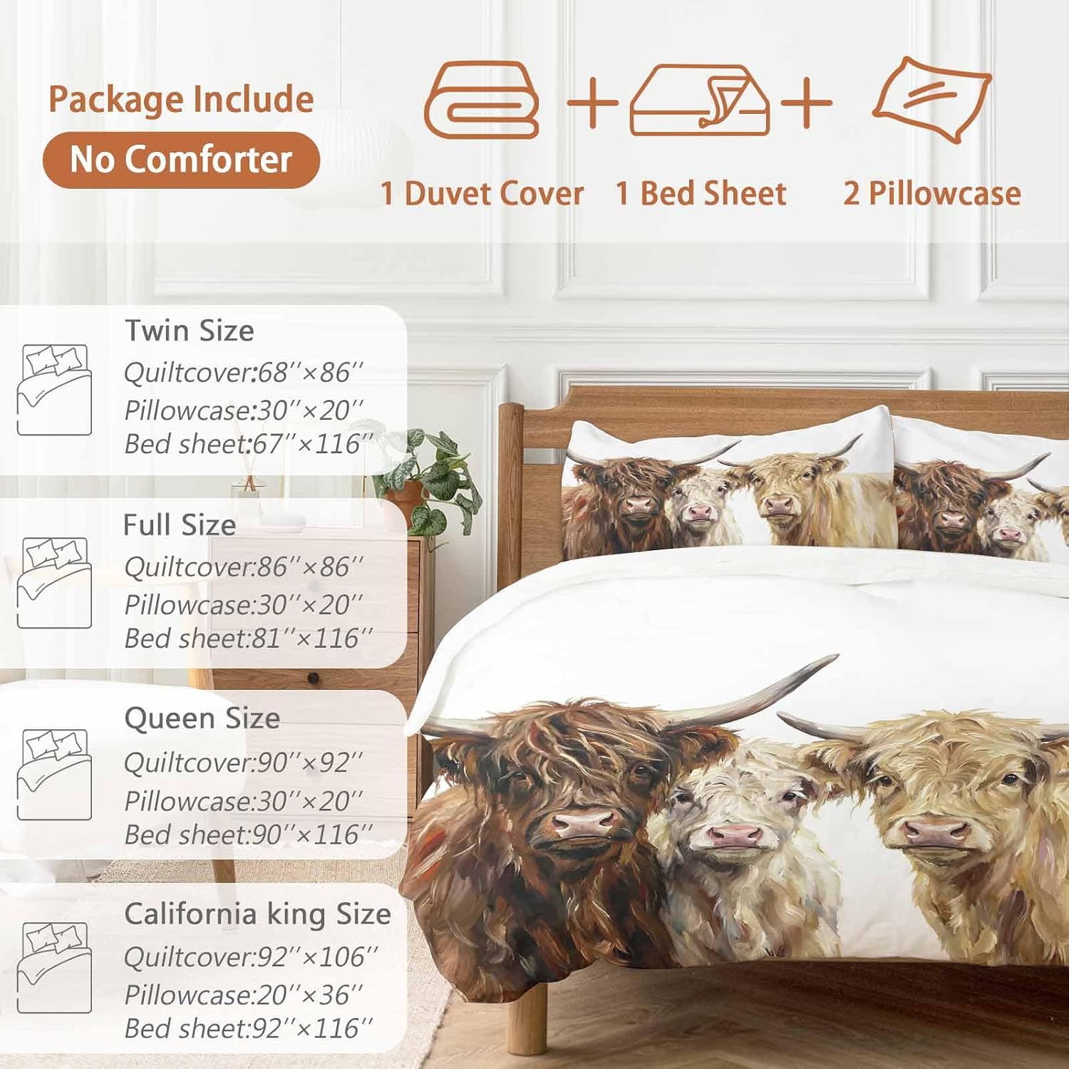 Prime Leader Farm Highland Cattles Duvet Cover Set Queen Size 4 Pieces Farmhouse Brown Cow Rustic Country Bedding Set with Zipper Closure, 1 Comforter Cover 90x92 Inches 1 Flat Sheet & 2 Pillow Cases