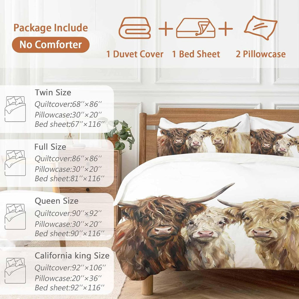 Prime Leader Farm Highland Cattles Duvet Cover Set Queen Size 4 Pieces Farmhouse Brown Cow Rustic Country Bedding Set with Zipper Closure, 1 Comforter Cover 86x86 Inches 1 Flat Sheet & 2 Pillow Cases