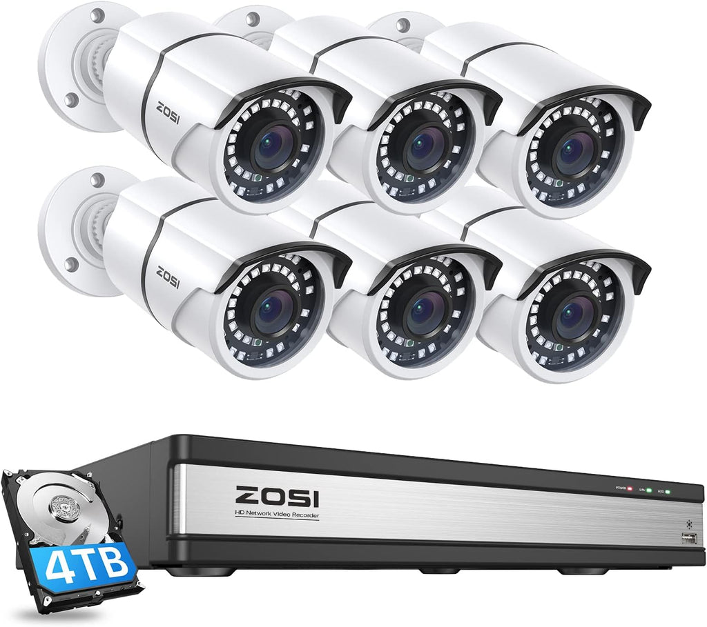 ZOSI 16CH 4K PoE Home Security Cameras System,H.265+ 16Channel 8MP NVR with 4TB HDD,6Pcs 5MP Outdoor Indoor PoE IP Bullet Camera,Color Night Vision,Motion Alert,IP66 Weatherproof,for 24/7 Recording