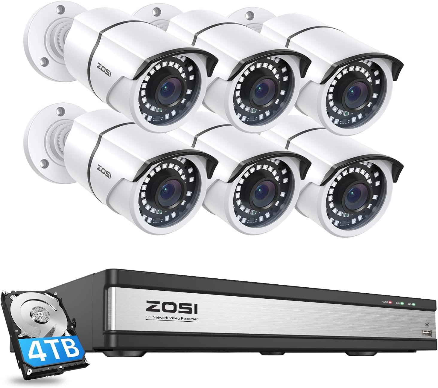 ZOSI 16CH 4K PoE Home Security Cameras System,H.265+ 16Channel 8MP NVR with 4TB HDD,6Pcs 5MP Outdoor Indoor PoE IP Bullet Camera,Color Night Vision,Motion Alert,IP66 Weatherproof,for 24/7 Recording