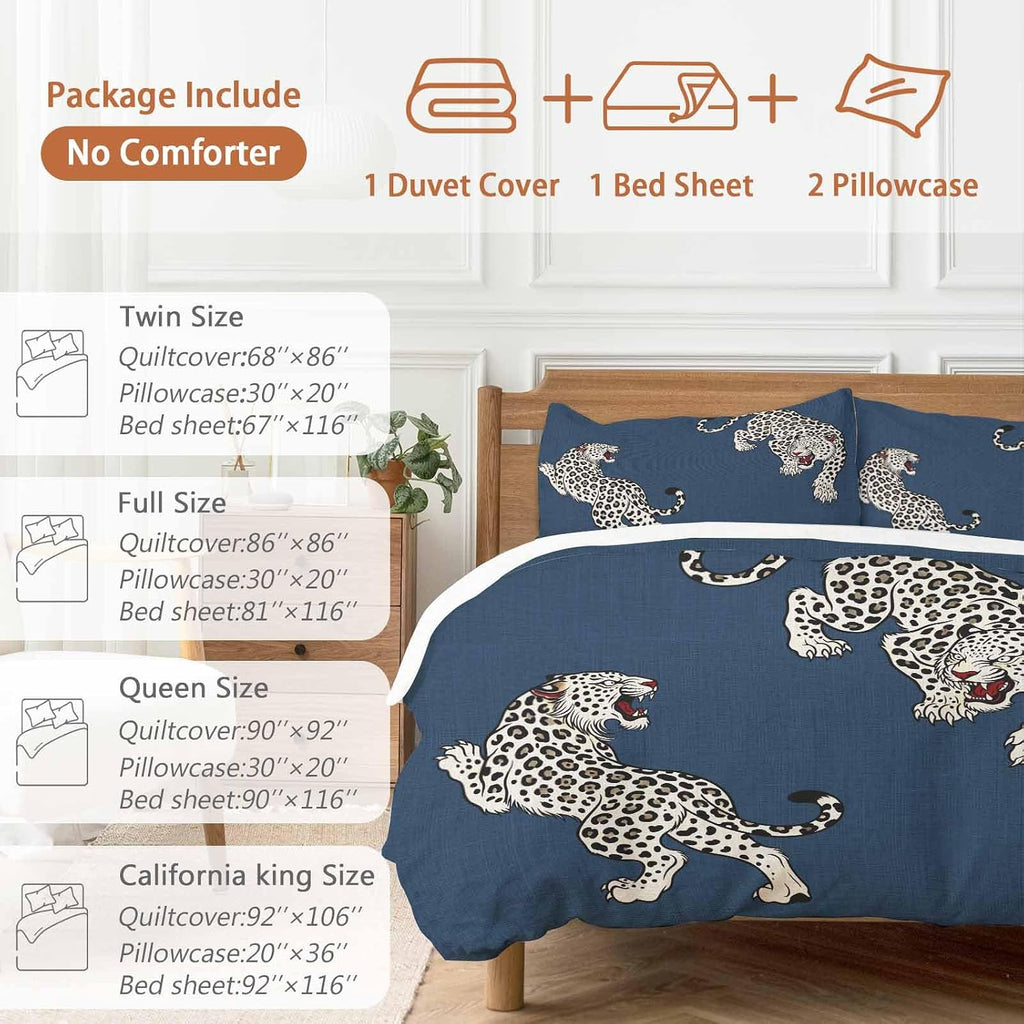 Navy Blue Leopard Duvet Cover Set Queen Size 4 Pieces Modern Style Wild Animal Rustic Linen Texture Bedding Set with Zipper Closure, 1 Comforter Cover 92x106 Inches 1 Flat Sheet & 2 Pillow Cases