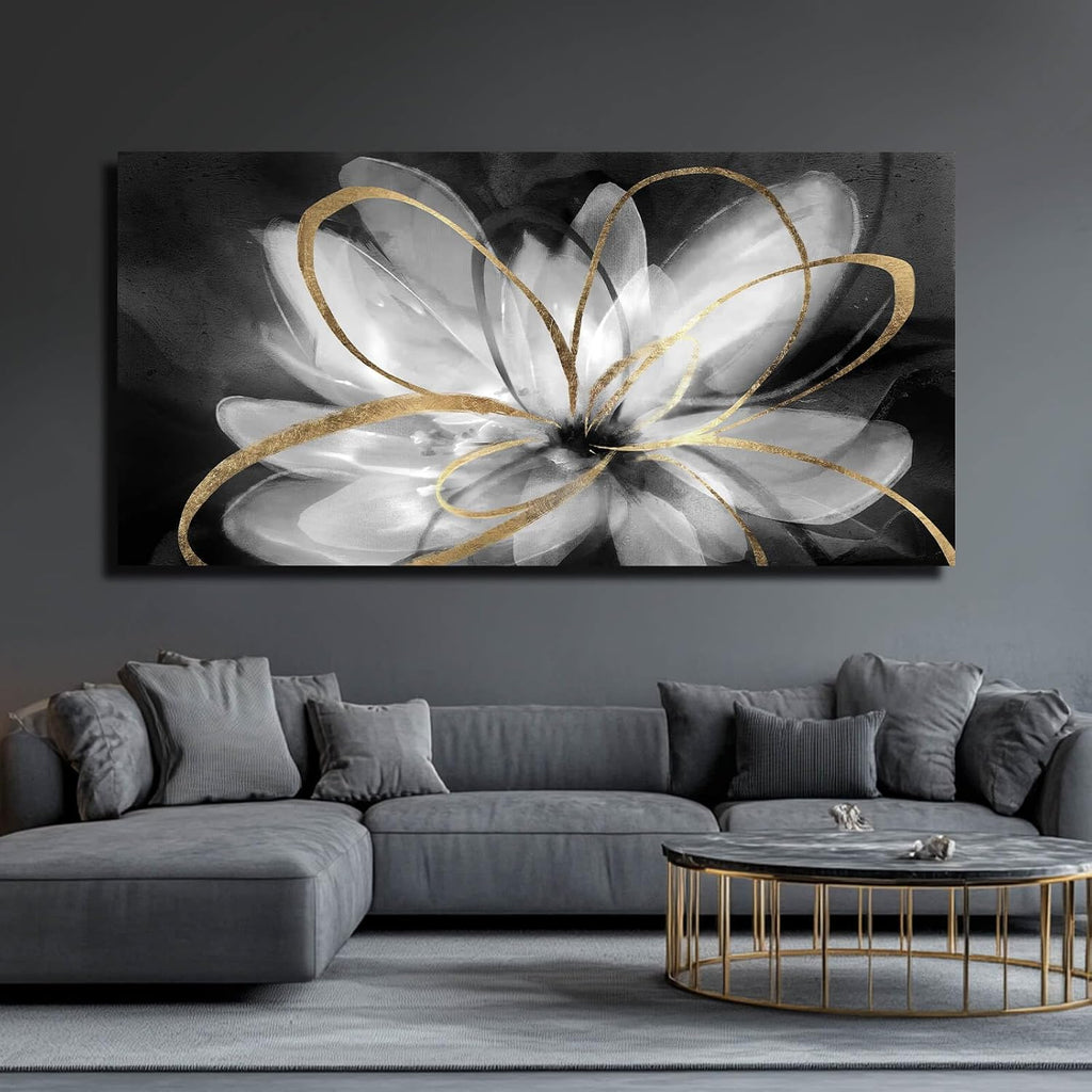 SOUGUAN Flower Large Artwork Gold Wall Decor White Canvas Paintings for Living Room Bedroom Kitchen Office 30'x 60'