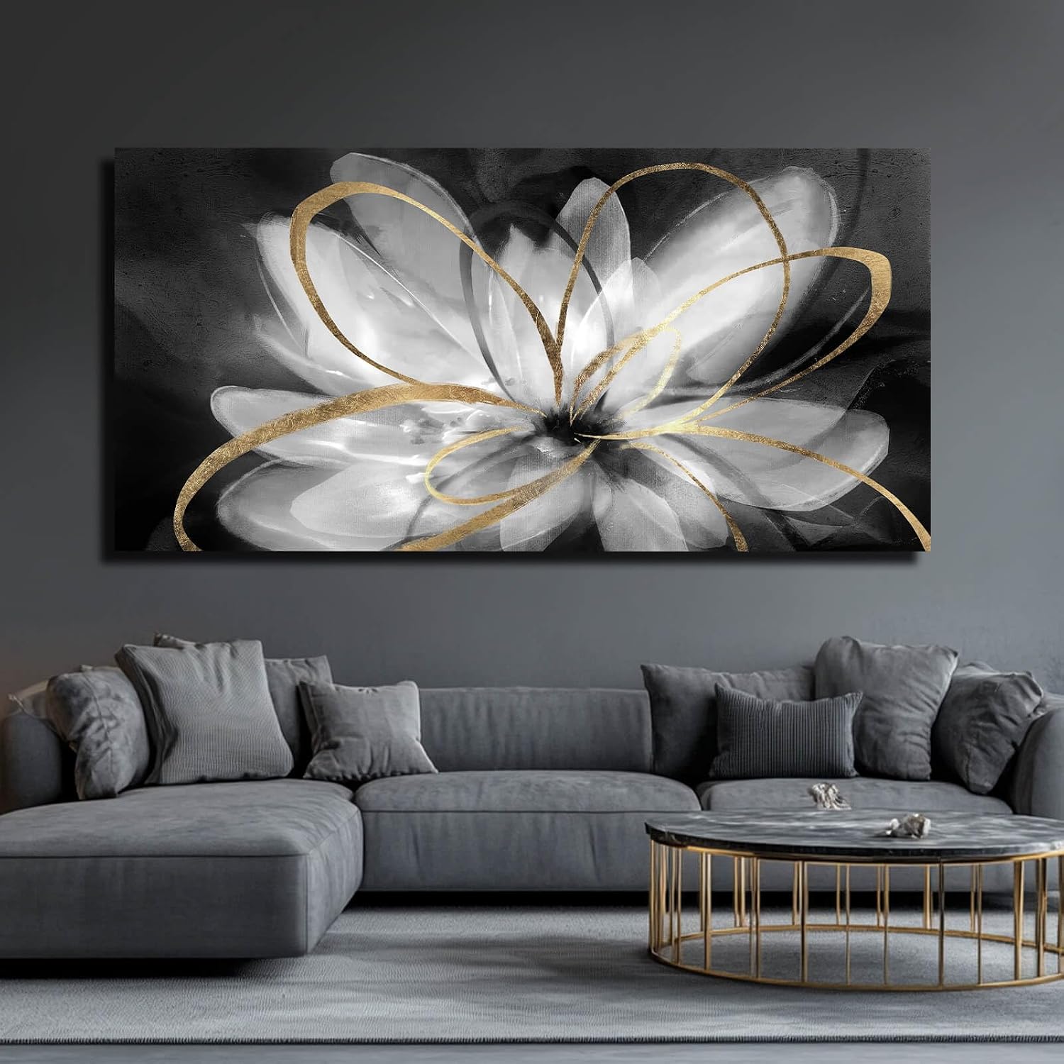 SOUGUAN Flower Large Artwork Gold Wall Decor White Canvas Paintings for Living Room Bedroom Kitchen Office 30'x 60'