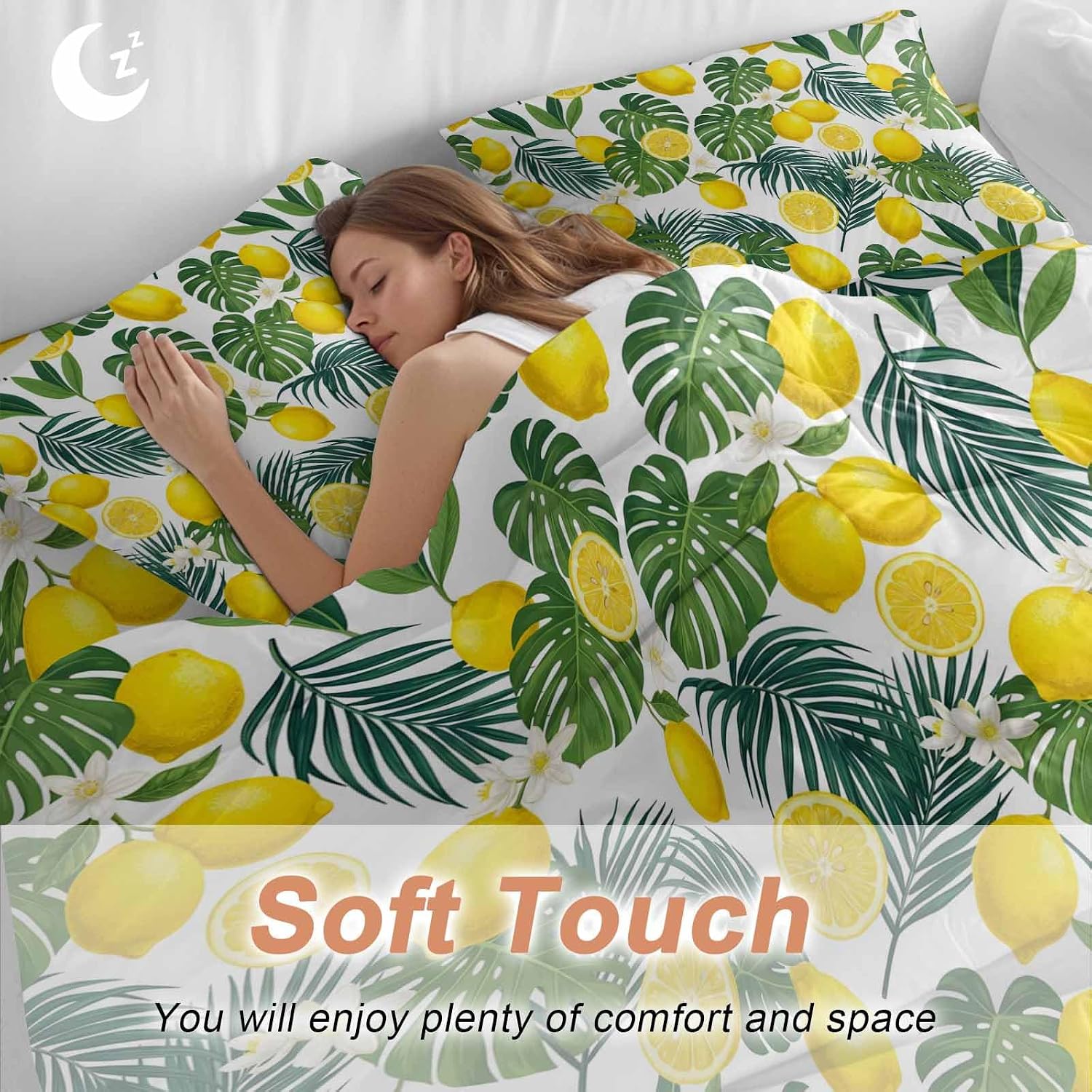 Prime Leader Lemon Leaf Duvet Cover Set Queen Size 4 Pieces Watercolor Lemon Floral Monstera Leaf Bedding Set with Zipper Closure, 1 Comforter Cover 90x92 Inches 1 Flat Sheet & 2 Pillow Cases