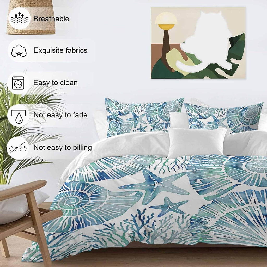 Summer Nautical Duvet Cover Set Queen Size 4 Pieces Blue Seashells Starfish Conch Coral Ocean Bedding Set with Zipper Closure, 1 Comforter Cover 92x106 Inches 1 Flat Sheet & 2 Pillow Cases