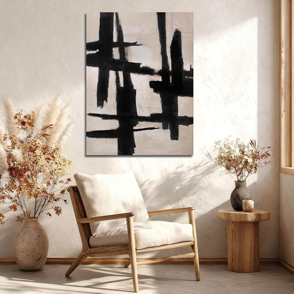 SHEYOYE Black and Beige Abstract Canvas Wall Art, Hand-Painted Oil Painting, Textured, Ready to Hang, Modern Home Decor for Living Room Bedroom, 36x48 Inch