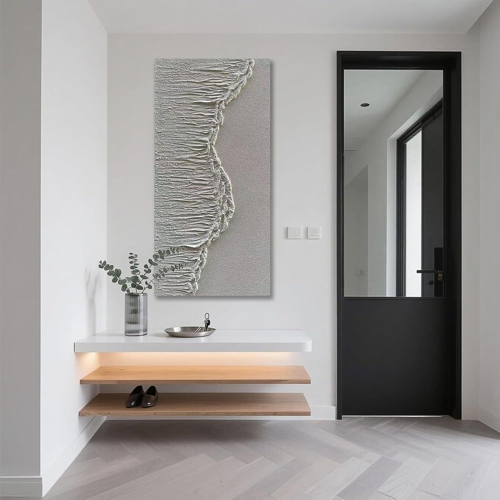 NANKAI Art Hand-Painted 48x24 inch White Wave Texture Abstract Art, Contemporary Minimalist Canvas Oil Painting, Vertical Home Living Room Corridor Wall Decoration Art