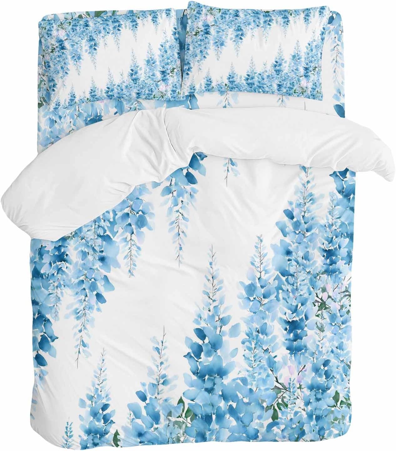 Prime Leader Blue Flowers Duvet Cover Set Queen Size 4 Pieces Watercolor Blue Wisteria Floral Bedding Set with Zipper Closure, 1 Comforter Cover 86x86 Inches 1 Flat Sheet & 2 Pillow Cases