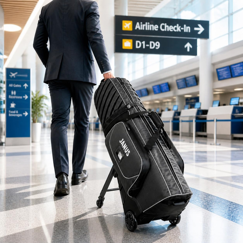 JANUS Golf Travel Bag with Wheels for Airlines, 360° Spinner Golf Travel Case with Collapsible Support Legs System, Reinforced Hard Base Golf Club Travel Bag, Airline-Ready Golf Travel Cover