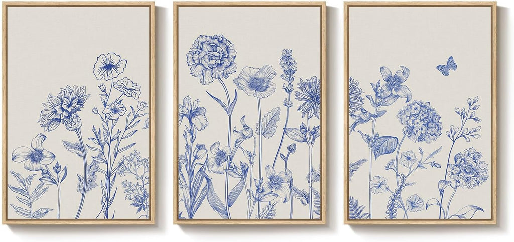 Framed Neutral Chinoiserie Blue Botanical Wall Art, 3 Piece Minimalist Floral Canvas Artwork for Modern Farmhouse, Flower Painting Prints for Living Room Bedroom Kitchen Office Dining Room, 20x30 In