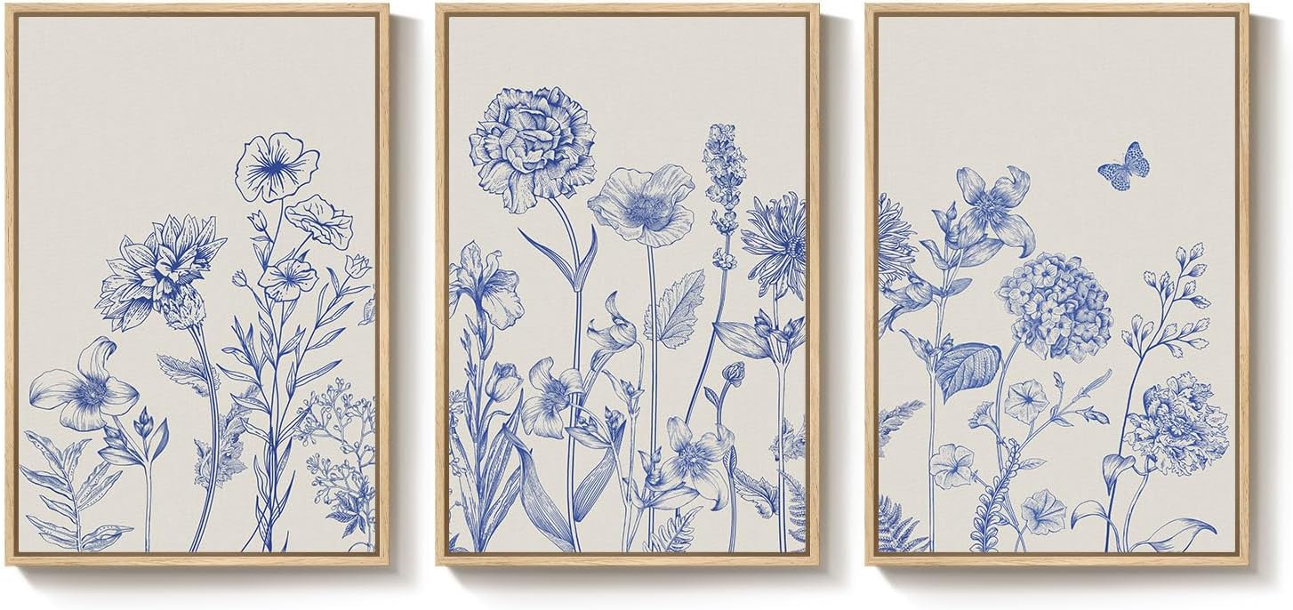 Framed Neutral Chinoiserie Blue Botanical Wall Art, 3 Piece Minimalist Floral Canvas Artwork for Modern Farmhouse, Flower Painting Prints for Living Room Bedroom Kitchen Office Dining Room, 20x30 In