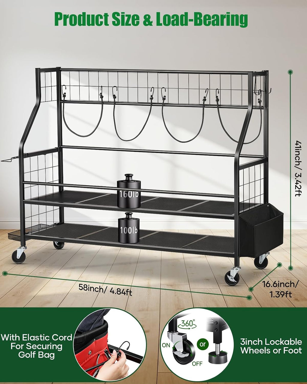 Golf Bag Storage Garage Organizer- Golf Bag Stand Fit for Golf Bags, Golf Clubs, Golf Balls, Golf Equipment Accessories, Golf Bag Storage Rack with Wheels for Garage