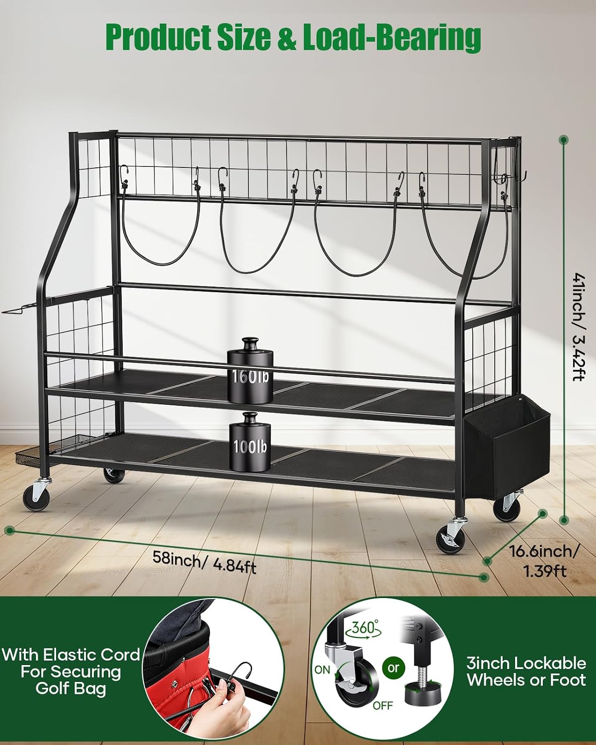 Golf Bag Storage Garage Organizer- Golf Bag Stand Fit for Golf Bags, Golf Clubs, Golf Balls, Golf Equipment Accessories, Golf Bag Storage Rack with Wheels for Garage