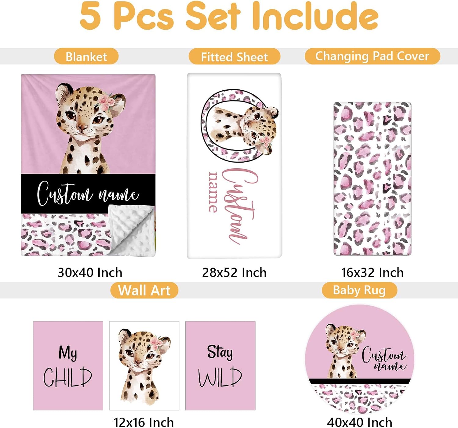 Terwex Personalized Baby Bedding Set, 5 Pcs Custom Baby Crib Sets with Name, Toddler Bedding Set for Baby Girls, Pink Leopard Double Layer Nursery Bedding Set, Customized Gifts for Infants Kids