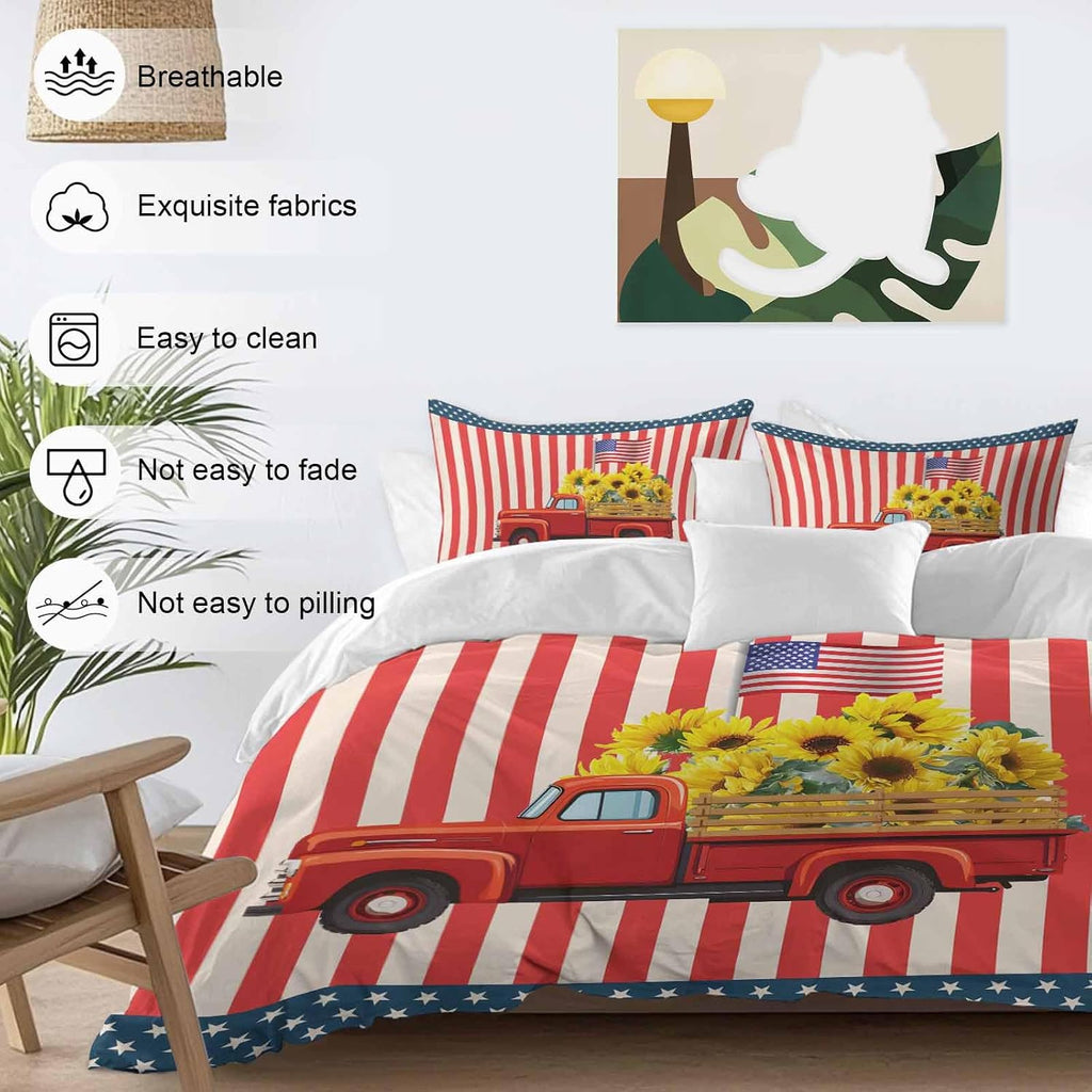 Independence Day Duvet Cover Set Queen Size 4 Pieces Five-Pointed Star U.S. Flag Themed Red Truck Sunflower Bedding Set with Zipper Closure,1 Comforter Cover 86x86 Inches 1 Flat Sheet & 2 Pillow Cases