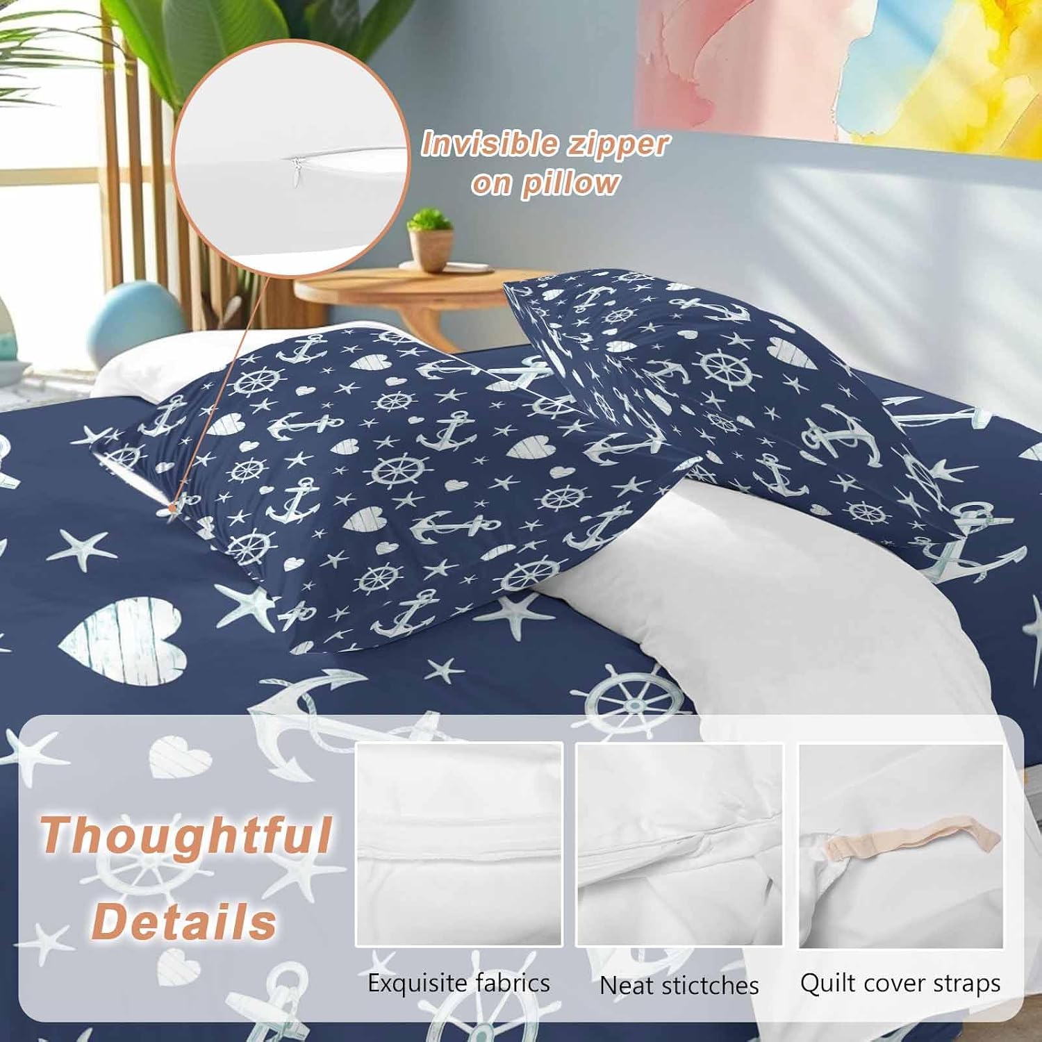 Summer Ocean Anchor Duvet Cover Set Queen Size 4 Pieces Nautical Coastal Sea Navy Blue Compass Love Heart Star Bedding Set with Zipper Closure,1 Comforter Cover 92x106 Inch 1 Flat Sheet&2 Pillow Cases