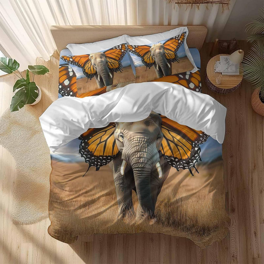 Prime Leader Funny Elephant Duvet Cover Set Queen Size 4 Pieces Elephant with Butterfly Ears Grassland Bedding Set with Zipper Closure, 1 Comforter Cover 86x86 Inches 1 Flat Sheet & 2 Pillow Cases
